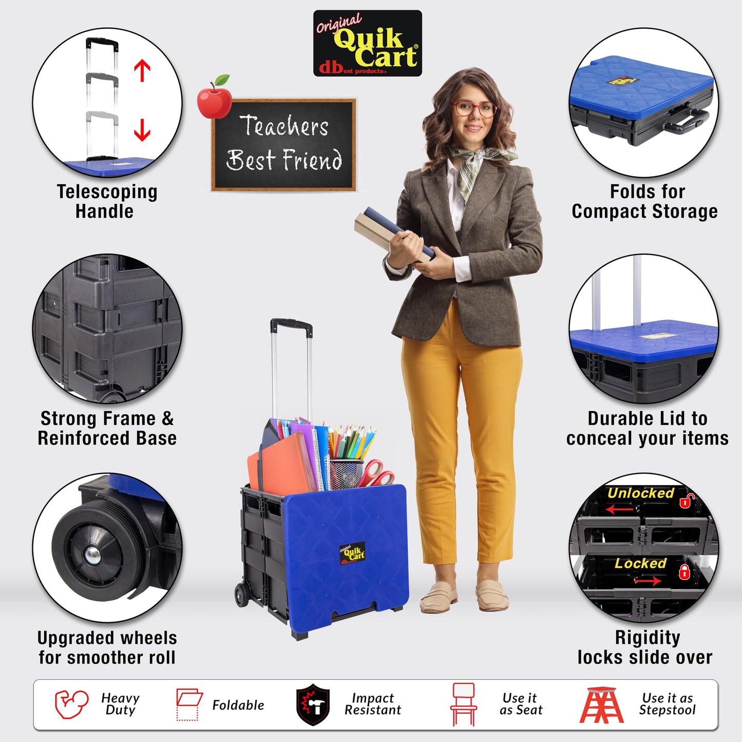 Dbest Products Quik Cart Collapsible Rolling Crate on Wheels for Teachers Tote Basket, 80 lbs Capacity, Blue Lid Made from Heavy Duty Plastic and Used as a Seat, 01759MB