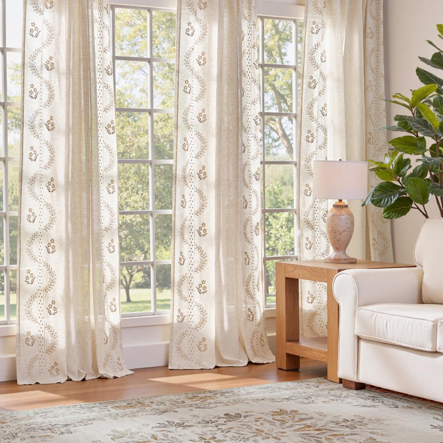 JINCHAN Linen Curtains for Bedroom Floral Curtains 84 Inch Length Linen Blend Beige Embroidered Drapes Farmhouse Flower Patterned Drapes for Living Room Window Treatments Set 2 Panels