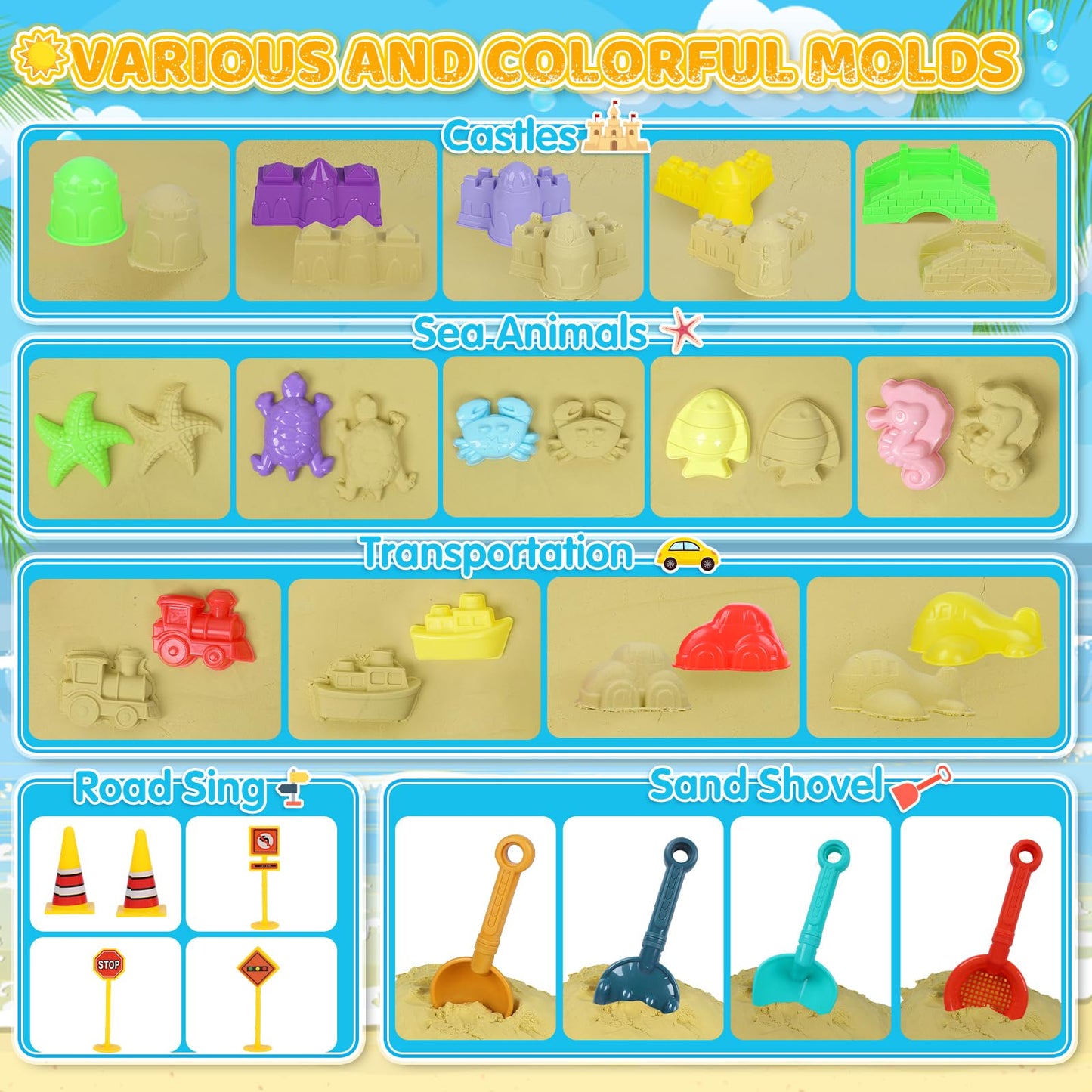 Beach Sand Toys for Kids - 31Pcs Sandbox Toy Set with 3 Trucks, 2 Collapsible Buckets, 2 Castle Buckets, Sand Molds, Shovels & Mesh Bag, Travel Summer Toy for Toddlers Boys Girls Age 3-10