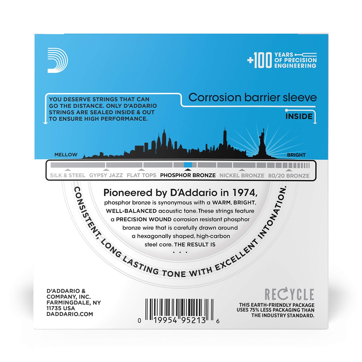 D'Addario Guitar Strings - Acoustic Guitar Strings - Phosphor Bronze - For 6 String Guitar - Warm, Bright, Balanced Tone - EJ16-10P - Light, 12-53 - 10-Pack