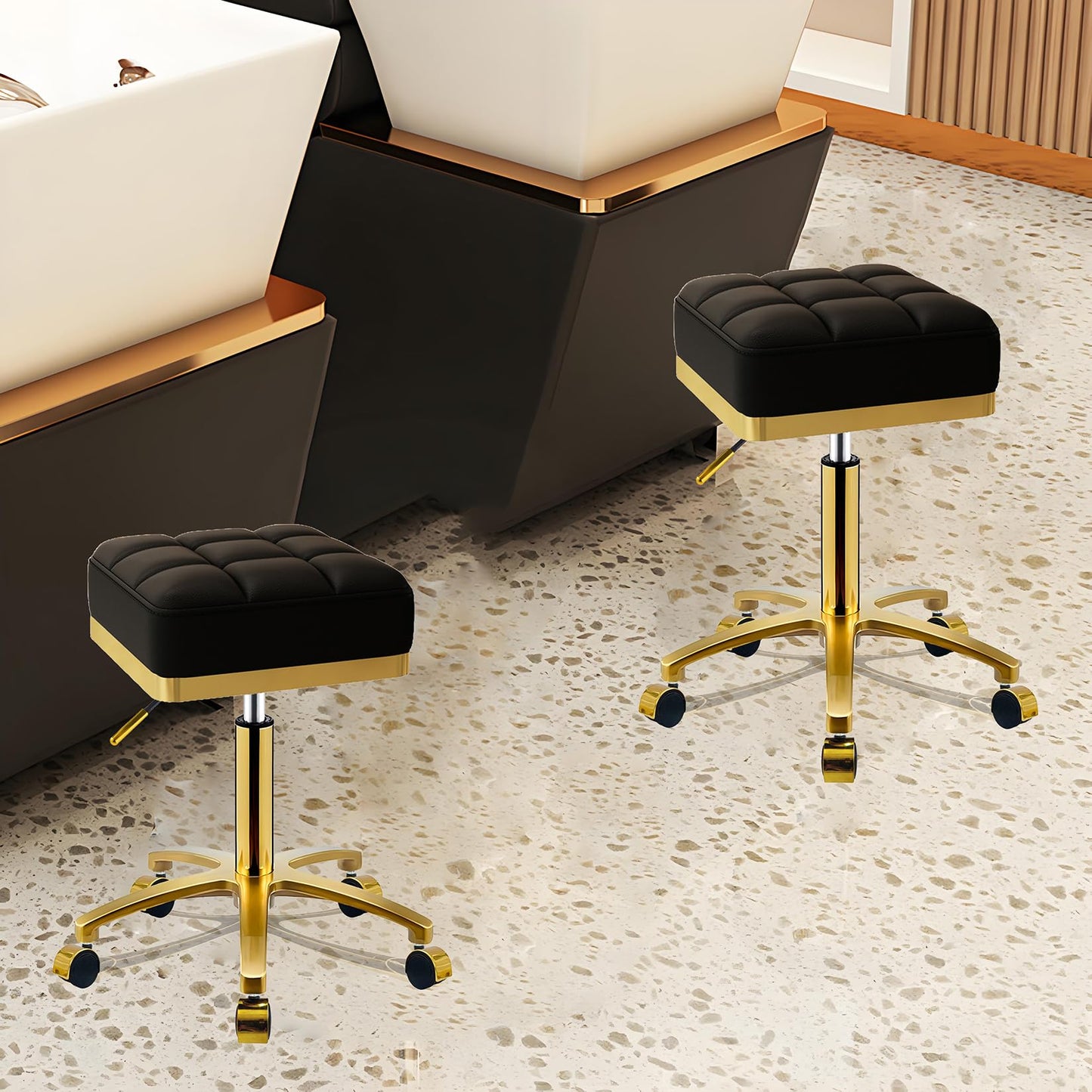 CQAEBK Square Rolling Stool Gold Adjustable Swivel Stools with Wheels, Vanity Lash Nail Salon Spa Roller Chair, Esthetician Massage Office Pedicure Stool, Heavy Duty Gold Plated Frame (Black)