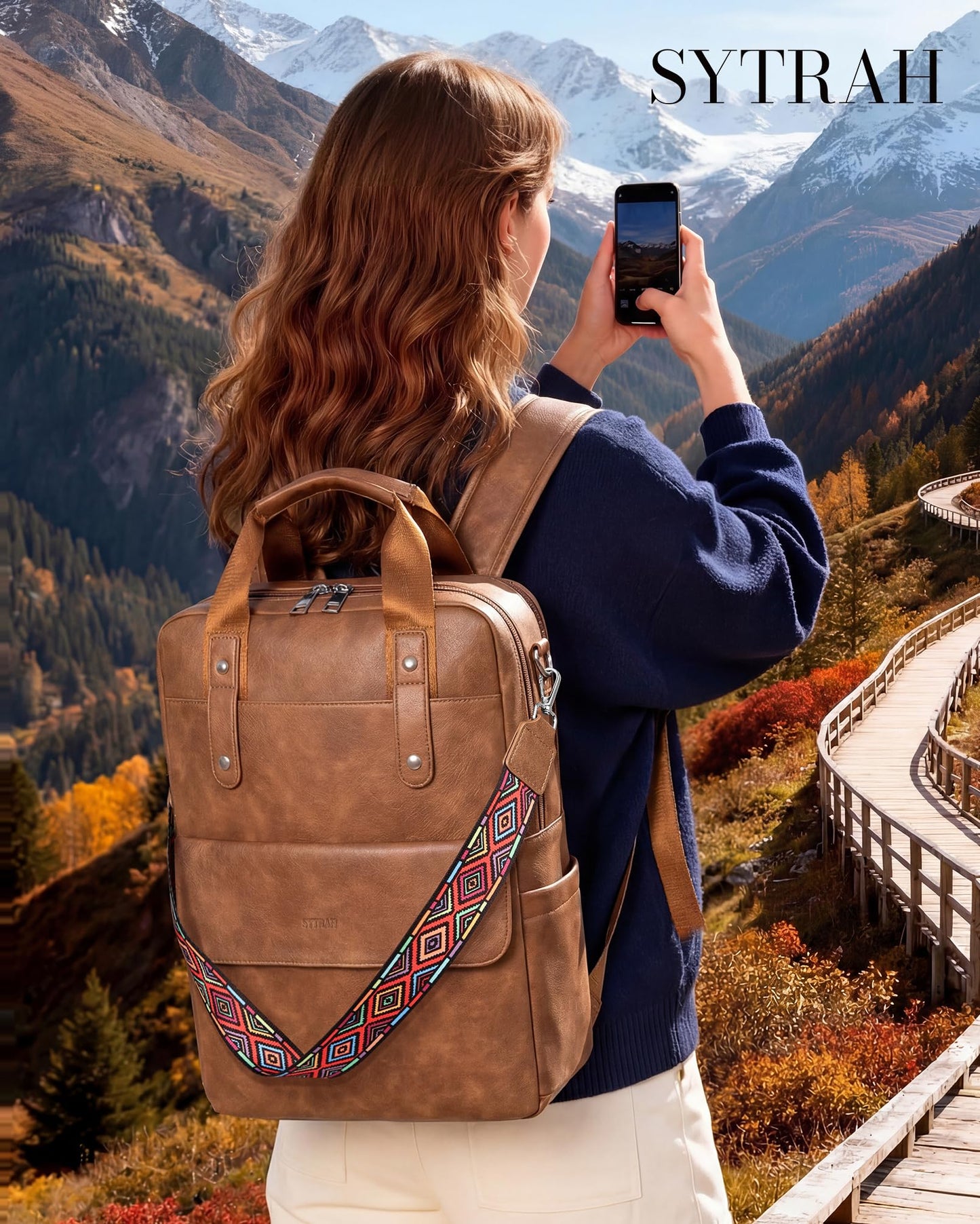 SYTRAH Leather Laptop Backpack 15.6 Inch Womens Laptop Bag, 3 IN 1 Computer Bag Handbag with Colorful Shoulder Bag Strap for Work Travel College Mocha Brown
