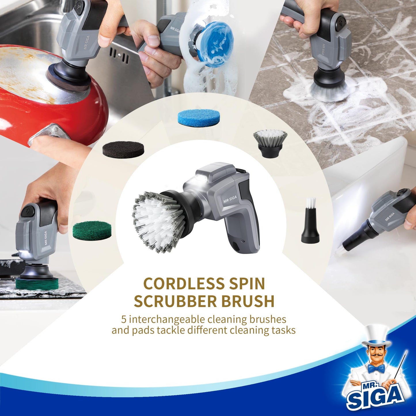 MR.SIGA Electric Spin Scrubber, Cordless Spin Scrubber with 5 Replaceable Cleaning Brushes and Pads, Powerful and Waterproof, Rechargeable Spin Scrubber for Bathroom, Kitchen, Tile, Sink