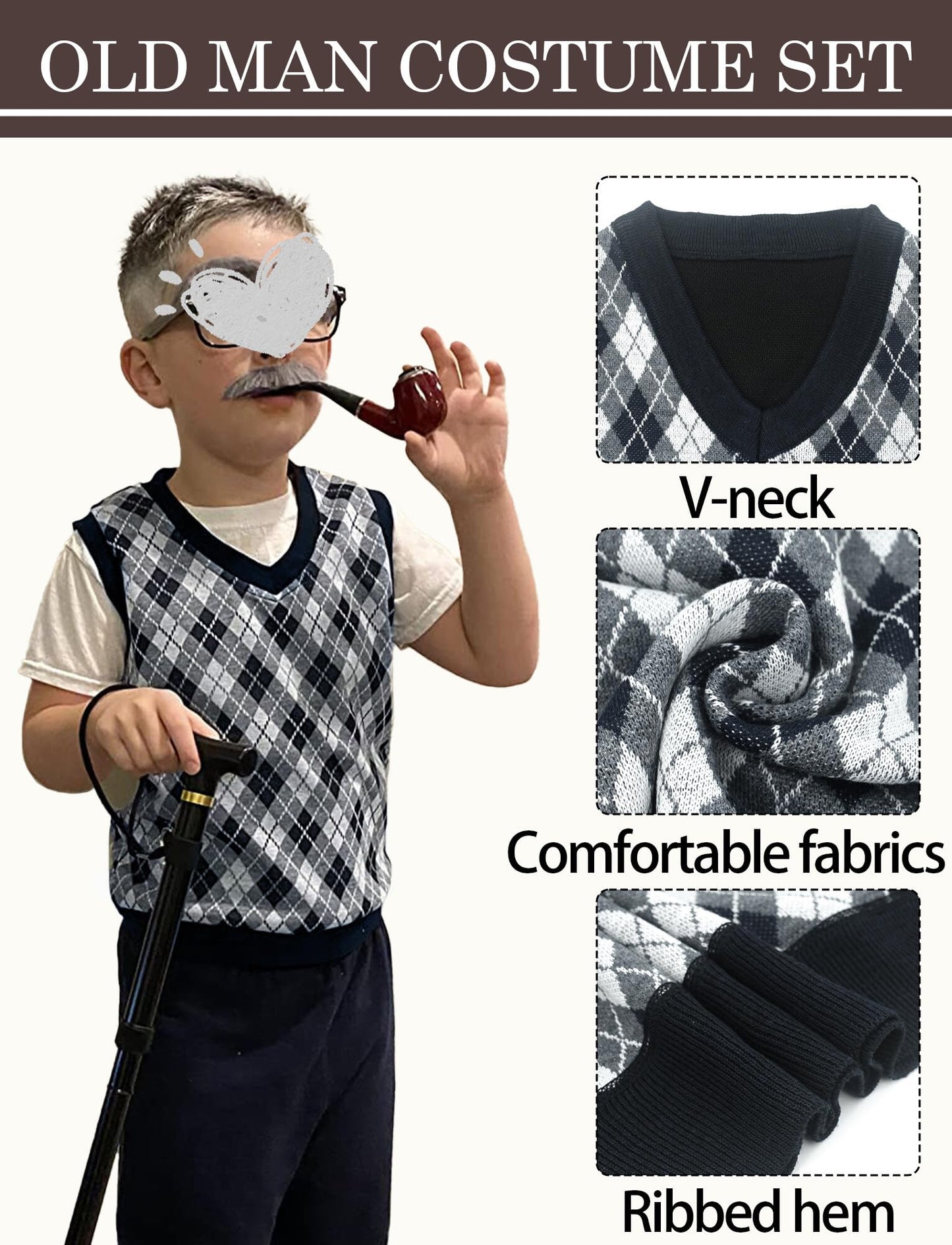 100th Days of School Costume for Kids Boys Old Man Costumes Hat Grandpa Vest Halloween Dress Up Outfit Set for School Party