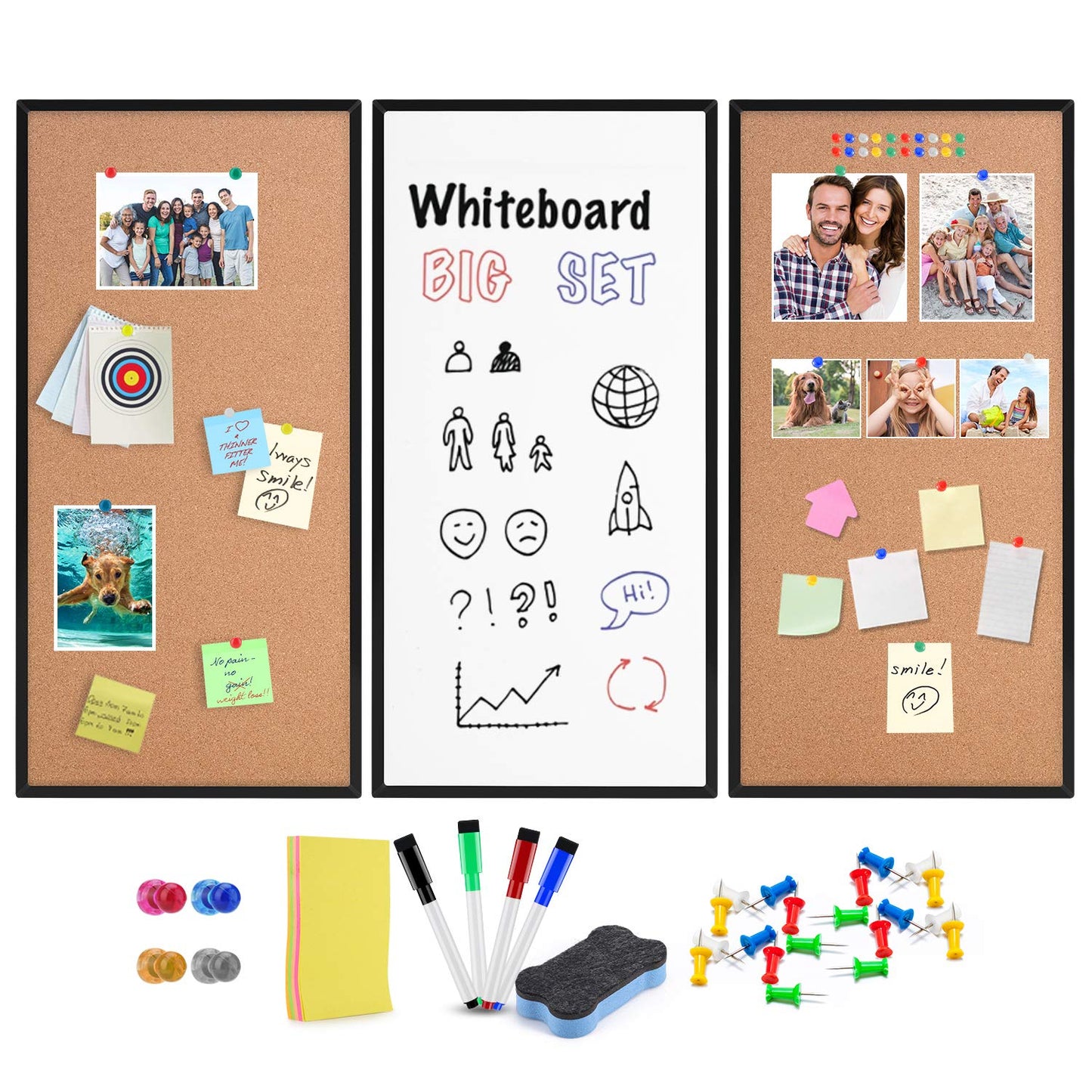 Cork Board and Whiteboard Combination Board for Wall, 3-Pack 12" X 24", Black Framed Dry Erase White Cork Board for Home, Office
