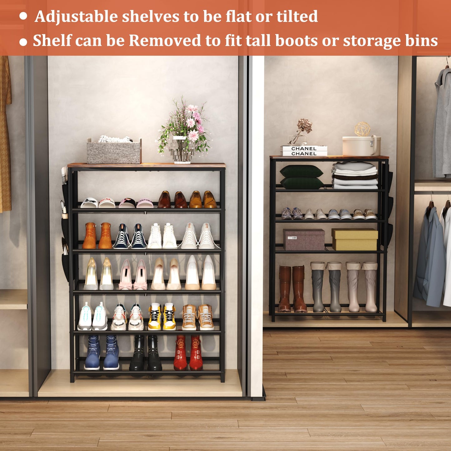 HOMEFORT Shoe Rack for Entryway,30" Metal 6 Tiers Shoe Shelf, Shoe Closet with Adjustable Mesh Shelves, Shoe Storage Organizer for 18-24 Pairs, Industrial Boot Stand with Side Pocket, Rustic Brown