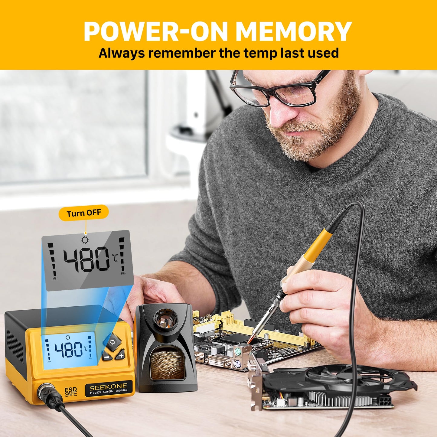 SEEKONE 60W Soldering Station 180℃ - 480℃（352°F - 896°F）Soldering Iron Station with 5 Extra Iron Tips, ESD Safe, 3 Preset Channels, °C/ºF Conversion, Auto Sleep, Calibration Support & Power-on Memory