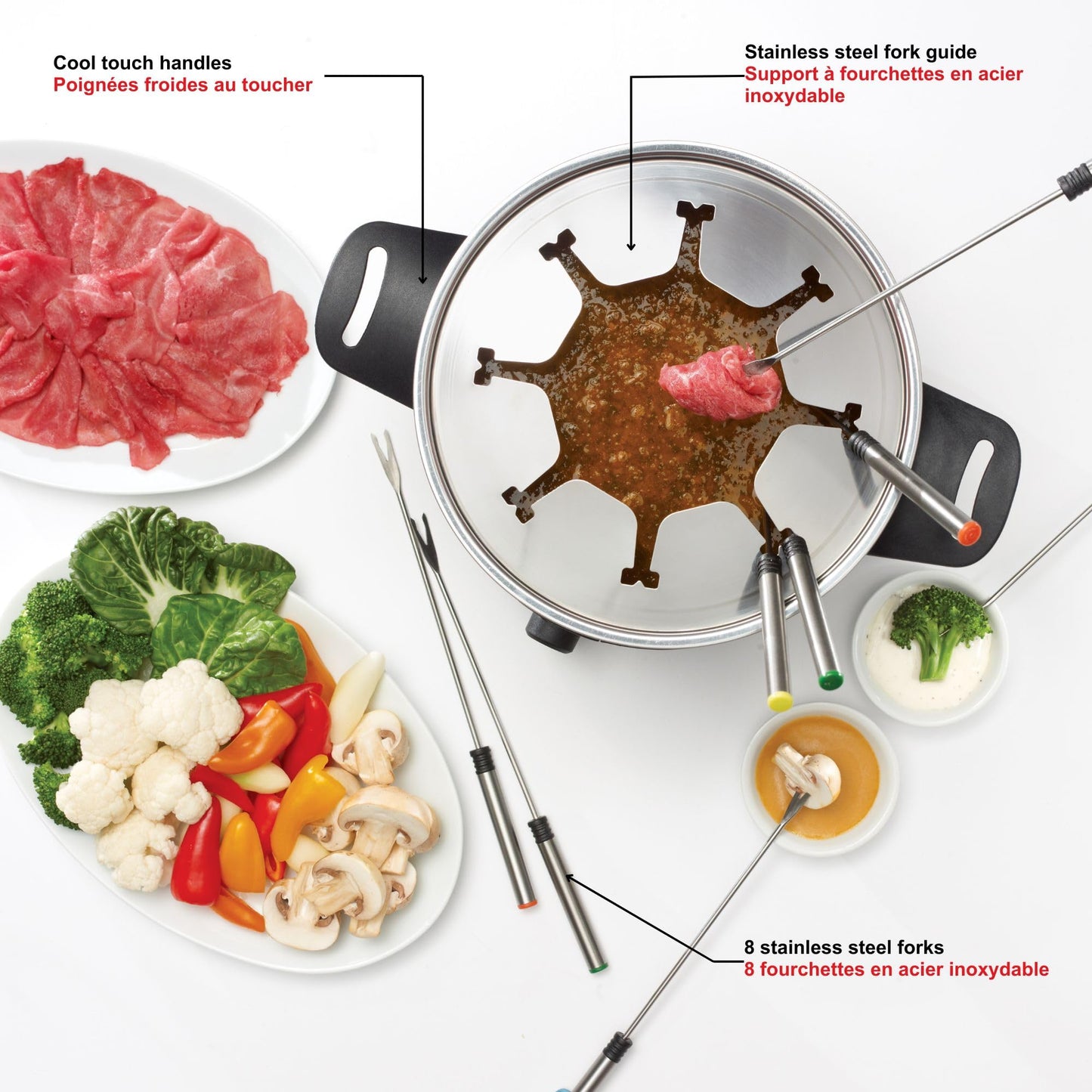 Starfrit Electric Fondue Set, 12-piece, 3L Capacity, Quick Release Magnetic Cord, Stainless Steel Pot, 8 Forks Included, Cool-Touch Handles, 1500W, Ideal for Chinese, Cheese & Chocolate Fondue