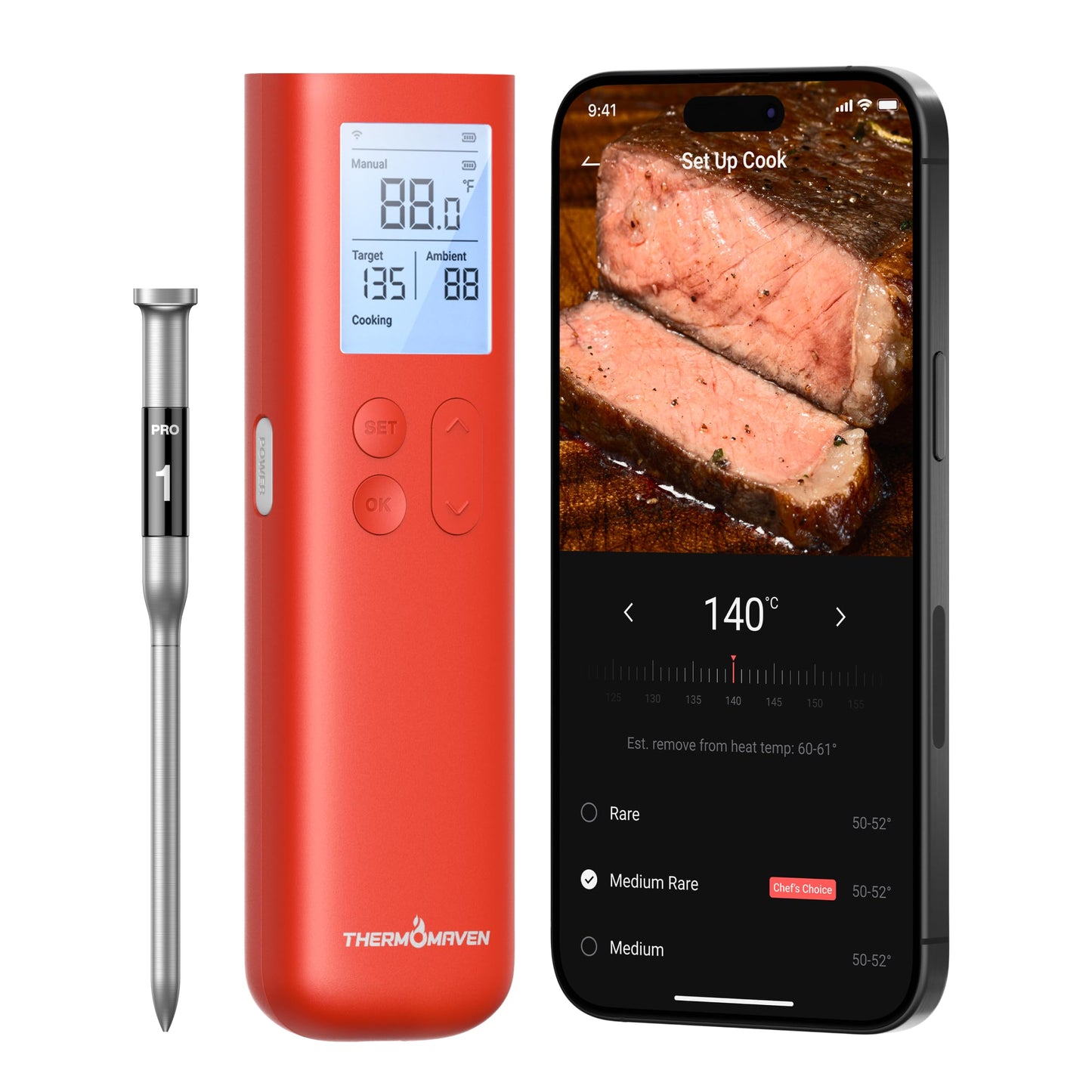 ThermoMaven Wireless Meat Thermometer, 10X Enhanced Signal and Stability with Sub-1G, Standalone Base with Display & Control, Certified Accuracy ±0.5°F, WiFi Unlimited Range for BBQ, Oven,Smoker,Grill