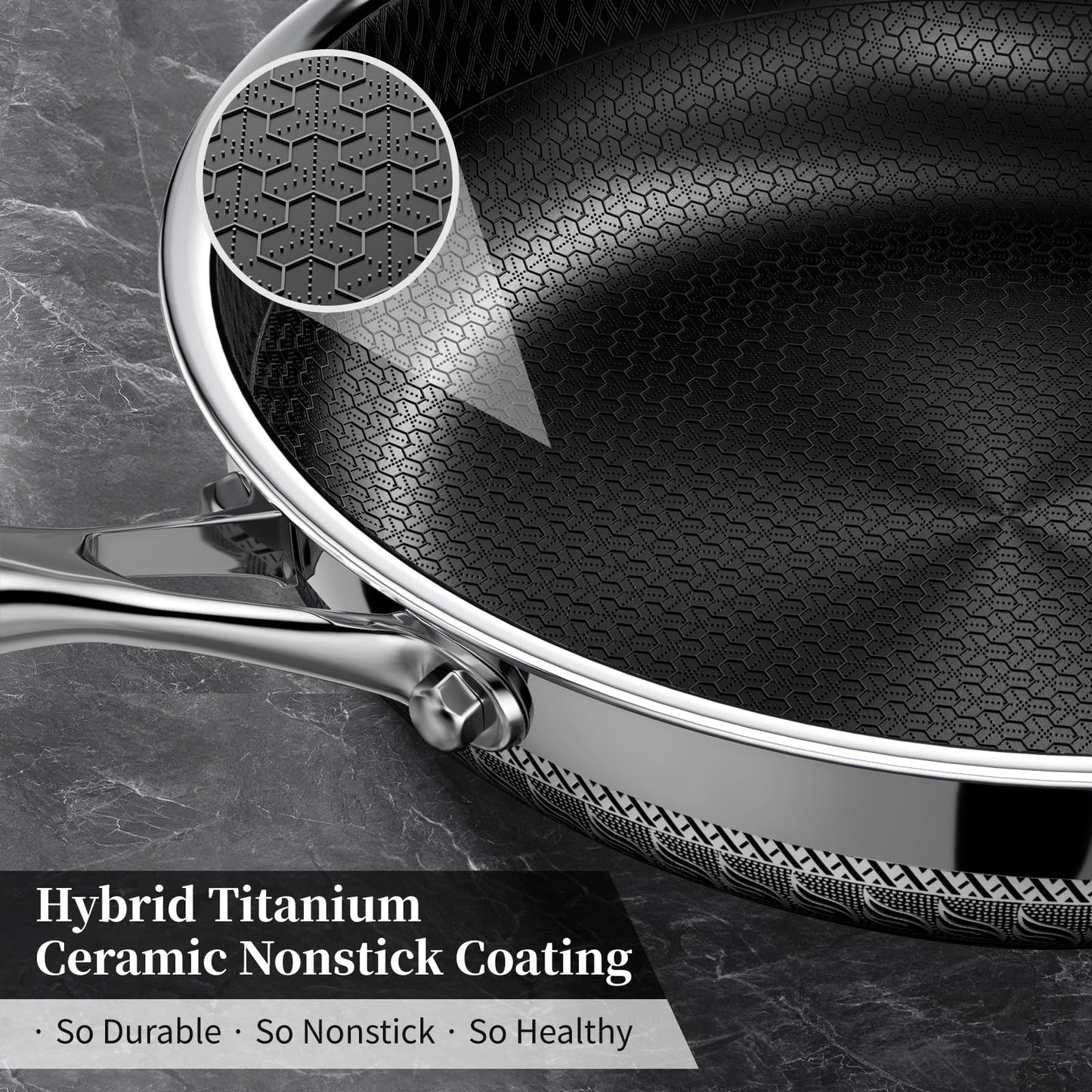 Non Stick Frying Pan with Lid, 10 Inch Hybrid Tri-Ply Stainless Steel Non Stick Skillet W/Lid Titanium Ceramic Nonstick Cookware No Toxic Induction Omelette Frying Pan, Oven Safe, PFAS/PFOA/PTFE Free