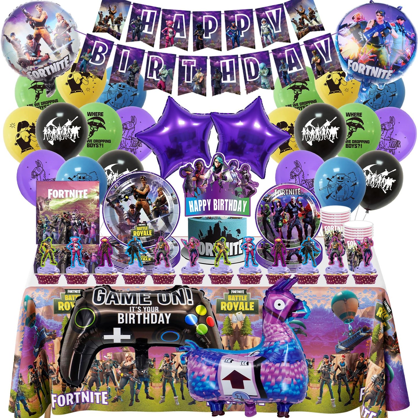 BL2 91PCS Party Birthday Decorations Boys-Game Party Tableware Set Foil Balloons Video Game Party Supplies Happy Birthday Banner Plates Napkins Cake Toppers Latex Balloons for Kids Gamers Lovers