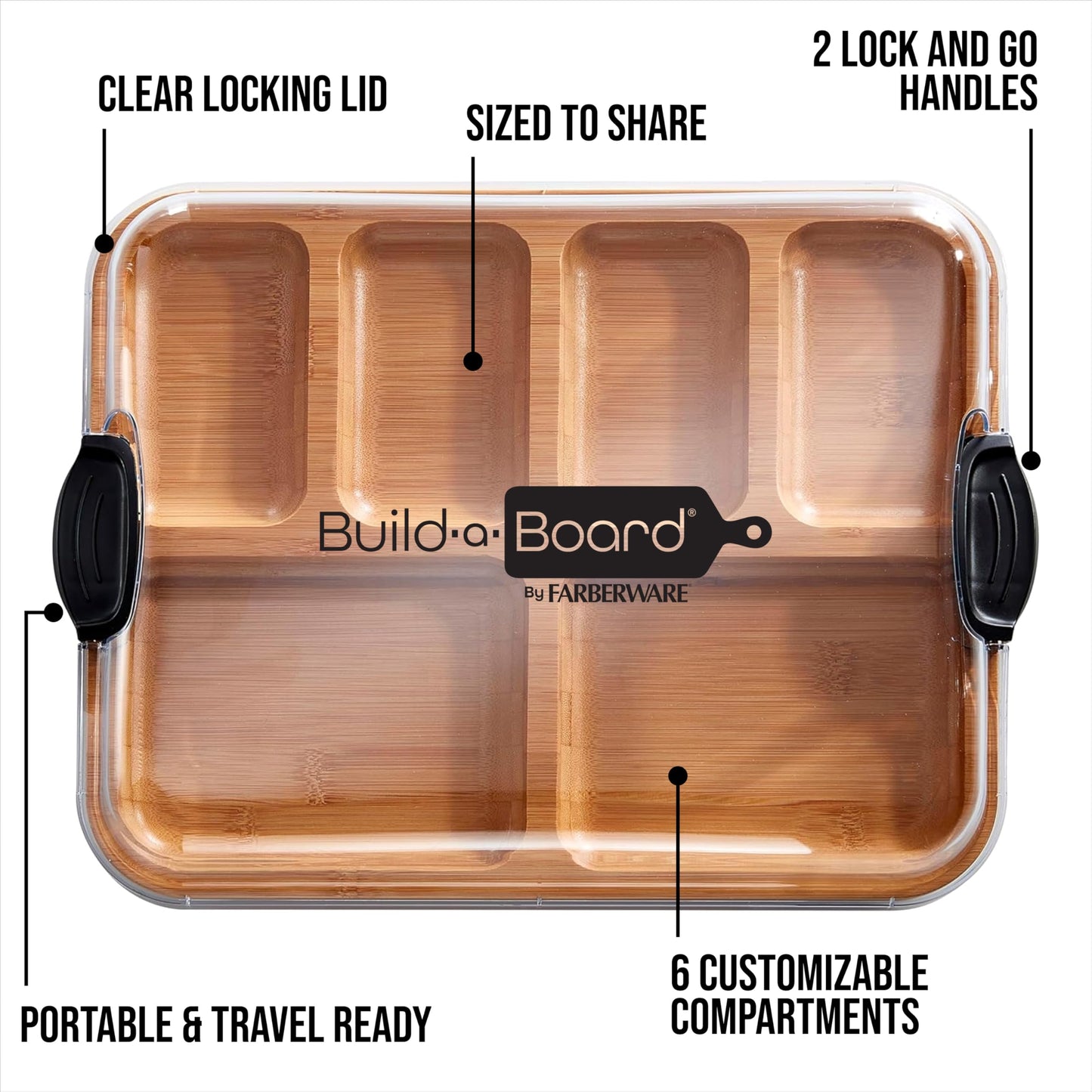 FARBERWARE Build-A-Board Bamboo Cutting Board with Built-in Compartments and Clear Locking Lid, Ideal for Charcuterie, Snacks, Food Prep & Serving