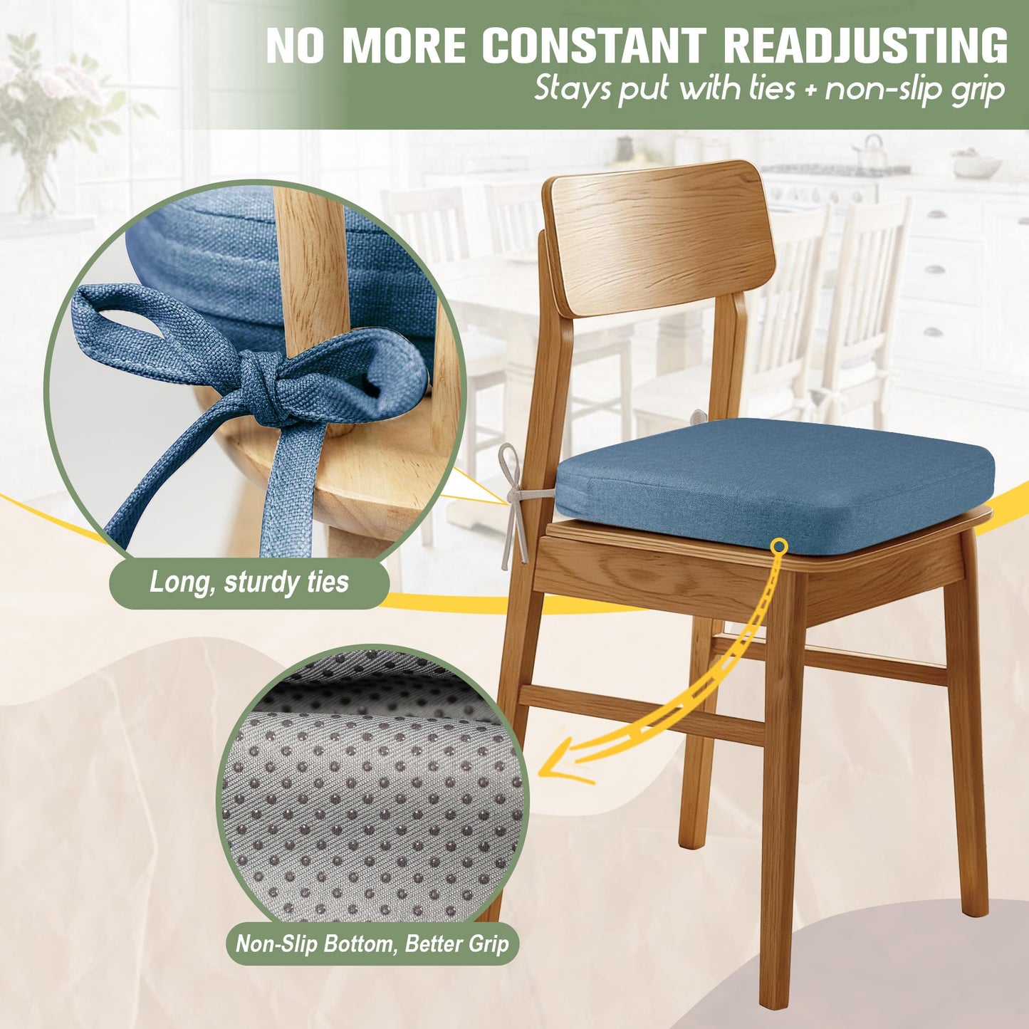 kingphenix Dining Chair Cushions Set of 4, 2.5 inch Thick Kitchen Chair Pads with Ties, Non Slip Bottom, Removable Washable Cover, 17” x 16”, Navy Blue