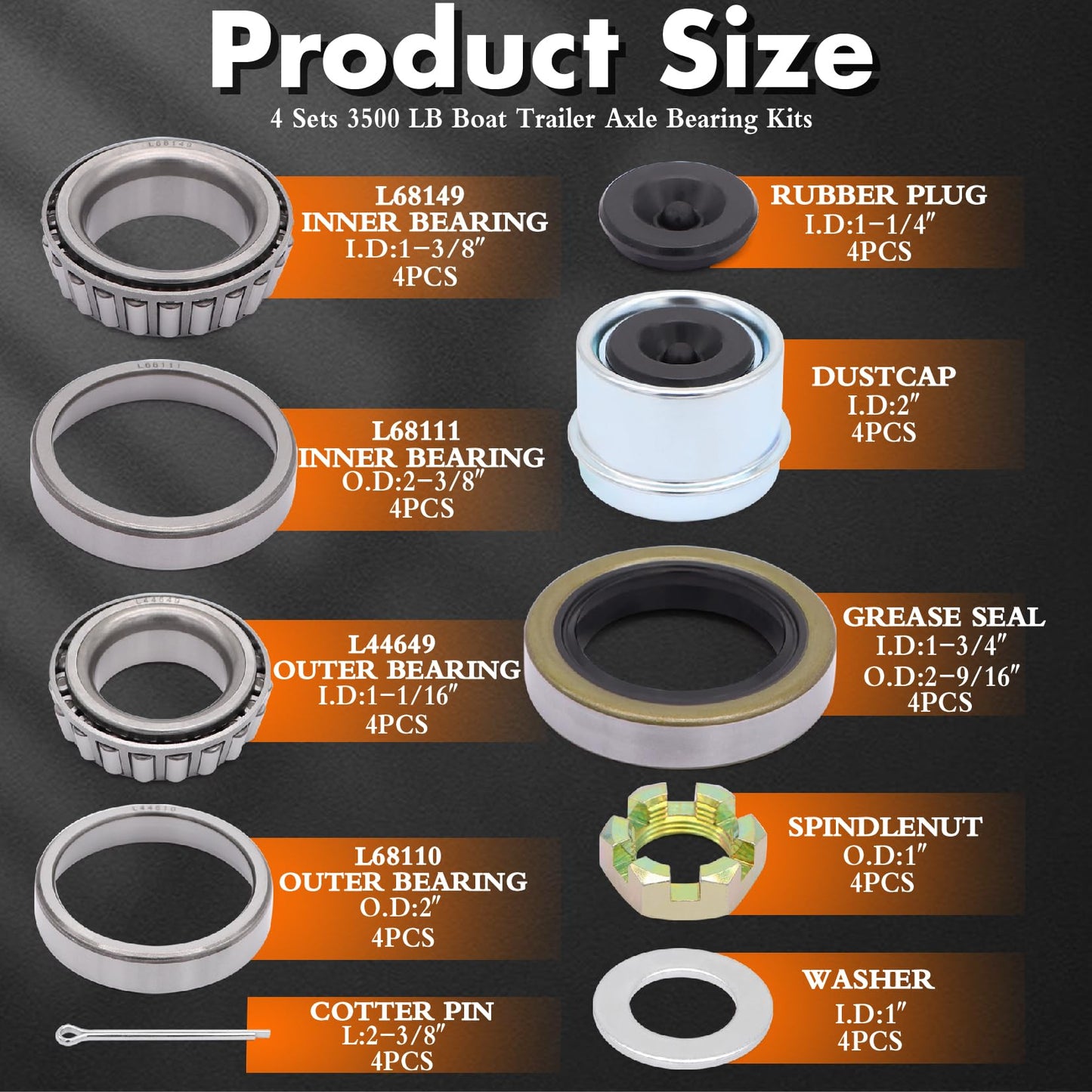 4 Sets L68149 L44649 Boat Trailer Axle Hub Bearing Kit, 171255TB/10-19 Grease Seals, 171255TB/10-19 Grease Seals, Spindle Nuts, 1.98" Dust Covers and Rubber Plugs, Cotter Pins,Washers for #84 Spindle