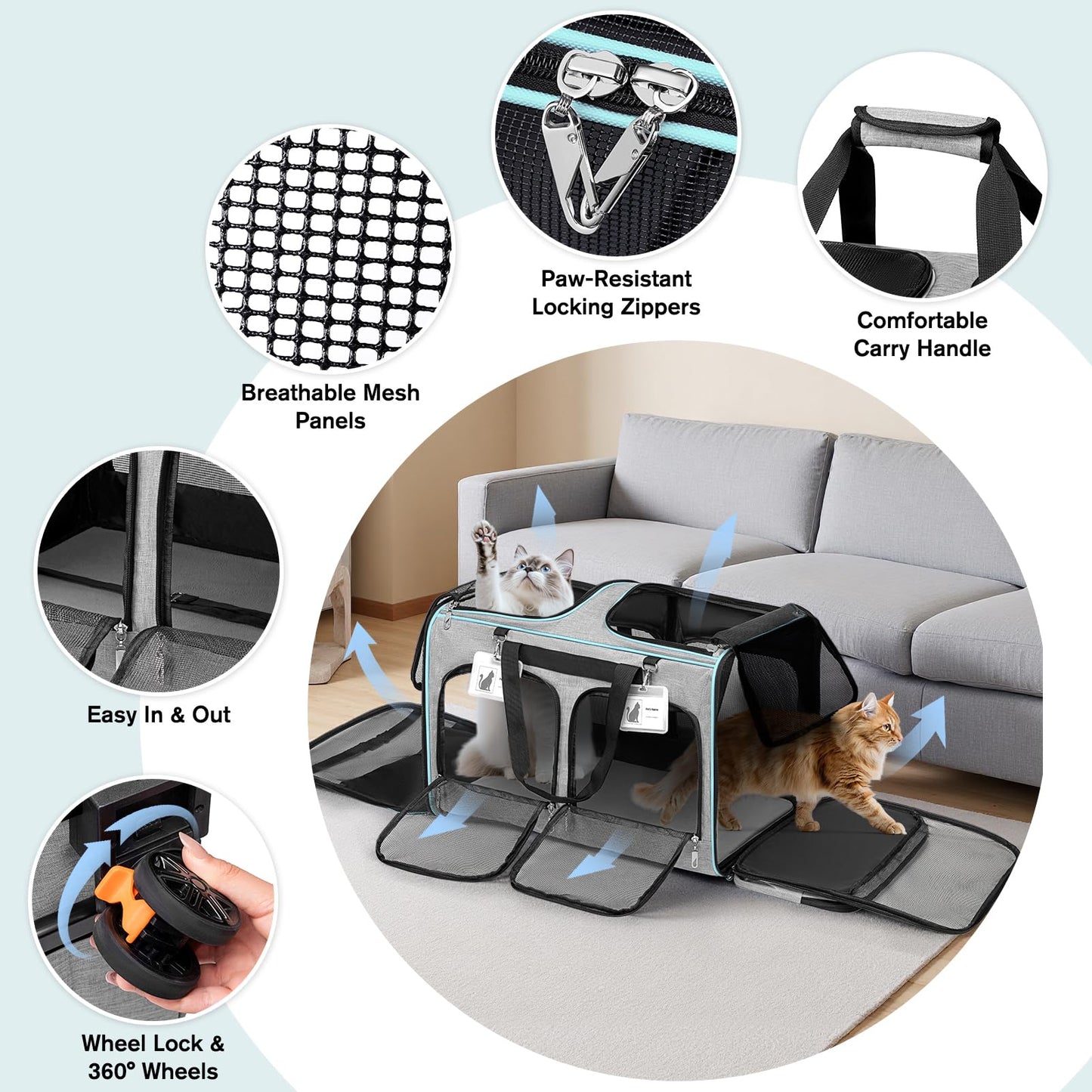 LUFFWELL Large Cat Carrier with Wheels, 2-in-1 Rolling Pet Carrier for Two Cats with Whisper-Quiet Wheels, Extra Large Soft-Sided Pet Travel Carrier for Vet Visits, Park Strolls & Car Travel (Grey)