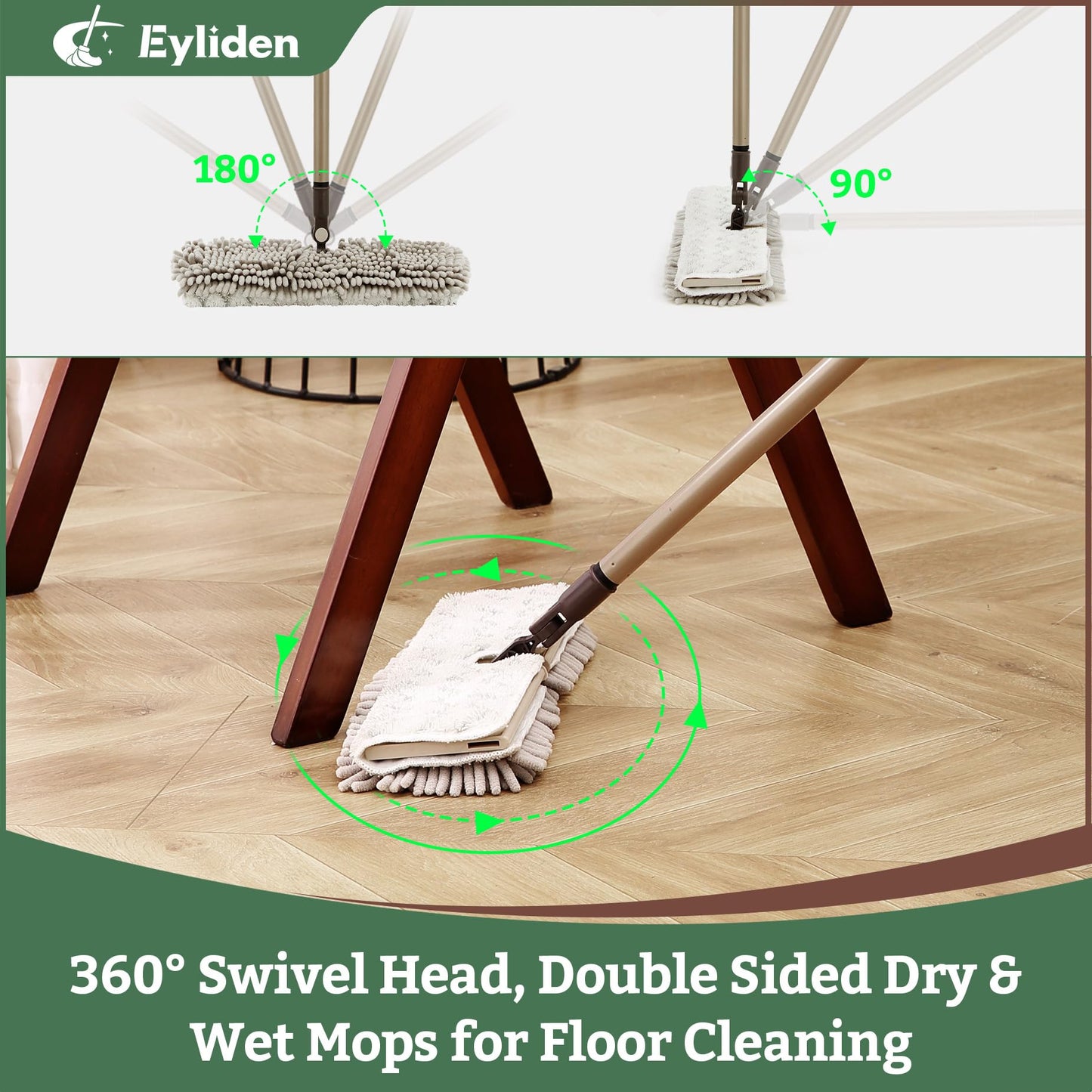 Eyliden Dual-Sided Flip Mop - One Side for Scrubbing, One Side for Dusting - Microfiber Flat Dust Mop with 2 Washable Mop Pads, Wet Dry Mops for Hardwood Tile Laminate Ceramic Marble Floor Cleaning
