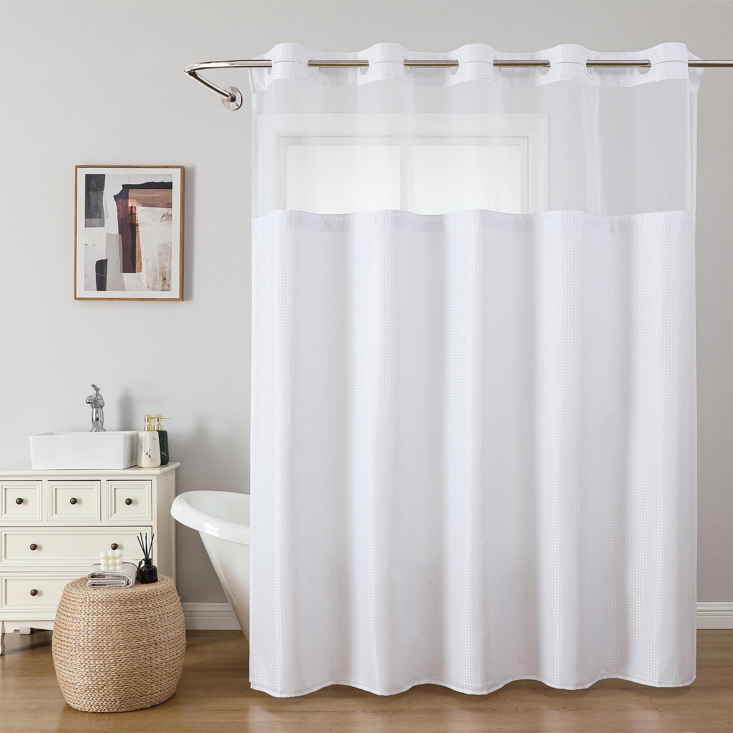 JYhoney White No Hook Shower Curtain with Snap in Liner, 230GSM Waffle Weave Shower Curtains Waterproof Polyester Fabric Shower Curtain Set for Bathroom Bathtubs, Through Mesh Top Window,71Wx74H
