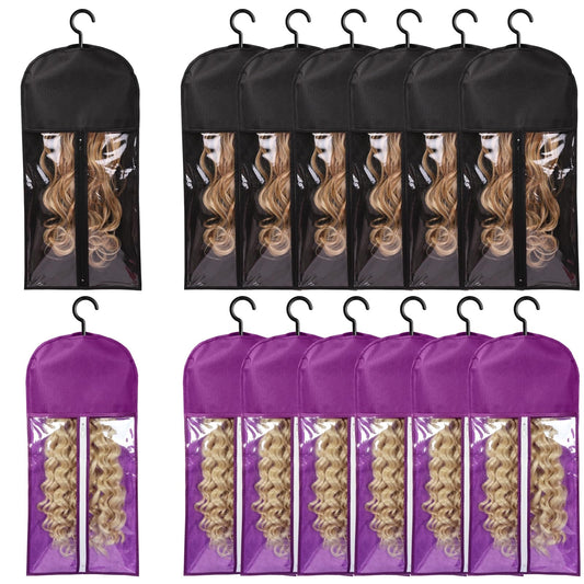 AIHOPESTO 12PCS Wig Bags With Hanger - Hair Extension Holder for Multiple Wigs - Organizer (6PCS Black & 6PCS Purple)