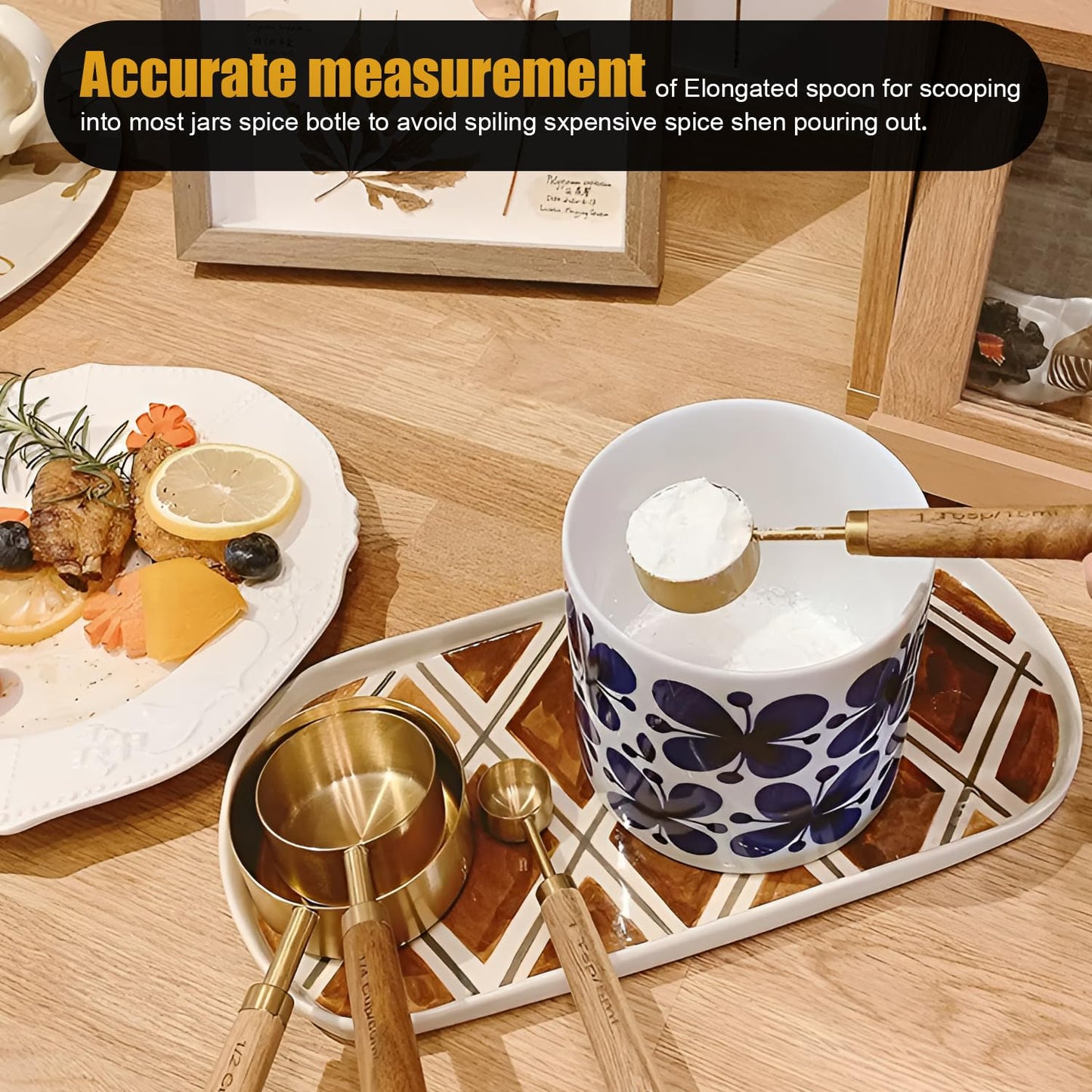 Gold Measuring Cups and Spoons Set with Wood Handles, Premium Stainless Steel Measuring Spoons and Measuring Cups Set 8 Pcs (Gold)