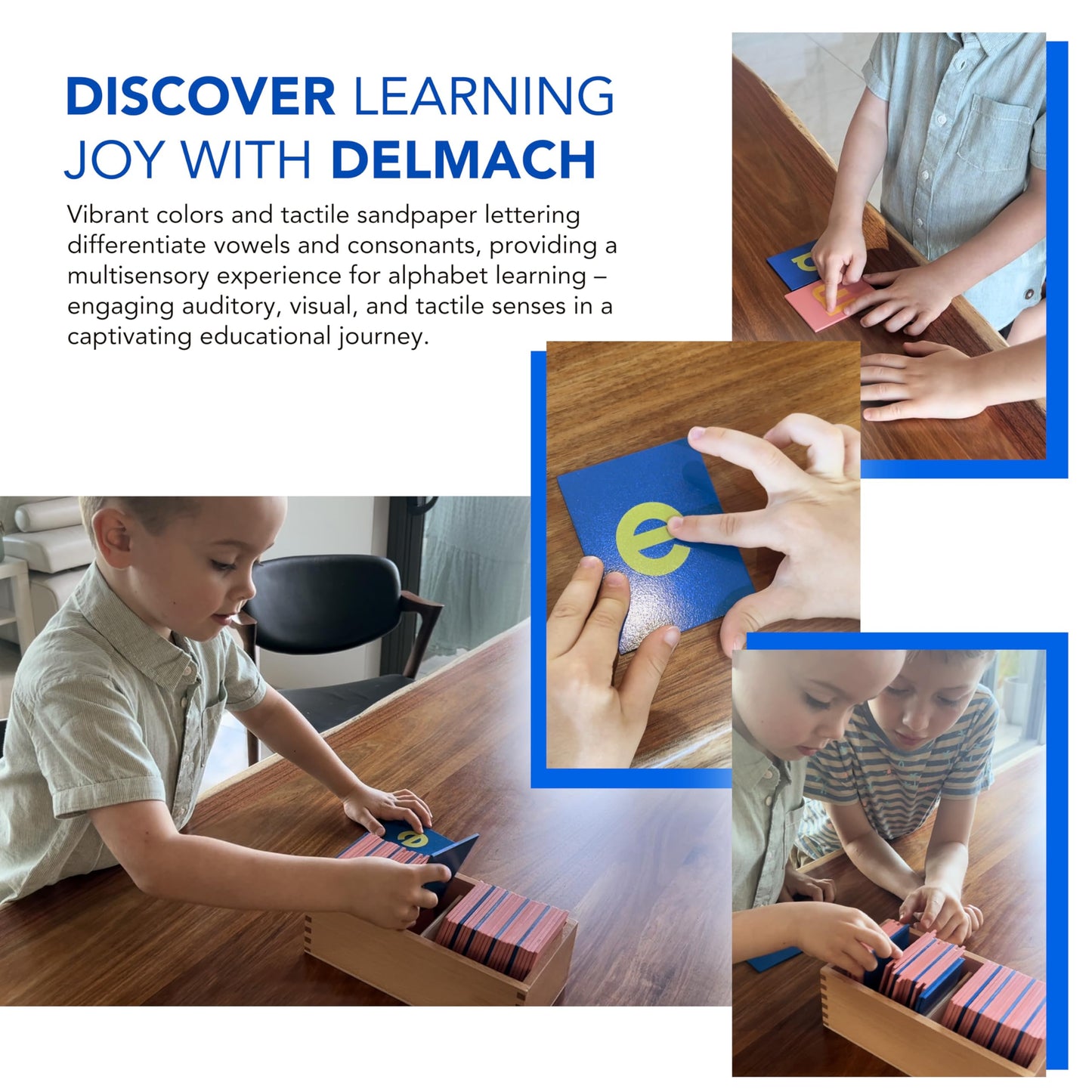 Delmach Montessori Sandpaper Letters | Lowercase and Uppercase | PP Wood Tiles | Vowel Consonant Color Coded | Includes Storage Box