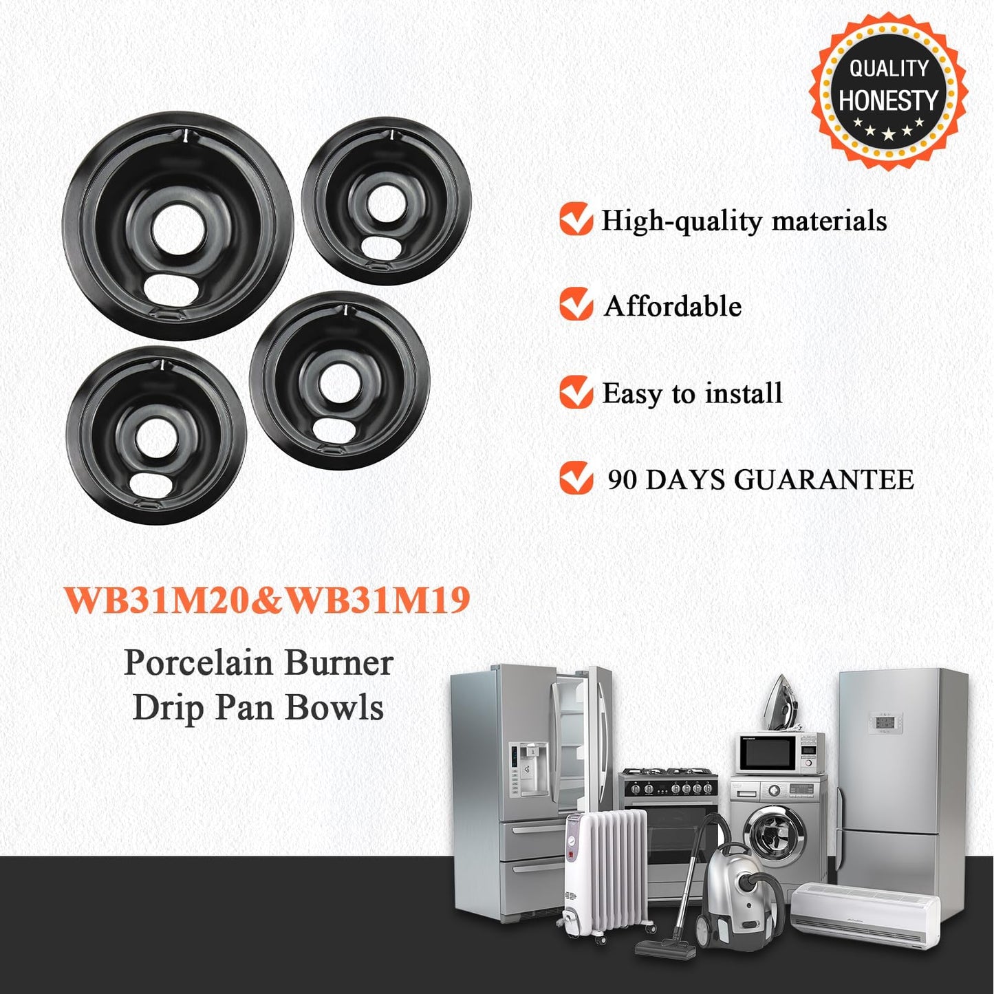 WB31M19 WB31M20 Stove Burner Drip Pans Black Compatible for GE Hotpoint Electric Stove Burner Range Cooktop Includes (2) 6" and (2) 8" black Drip Pans