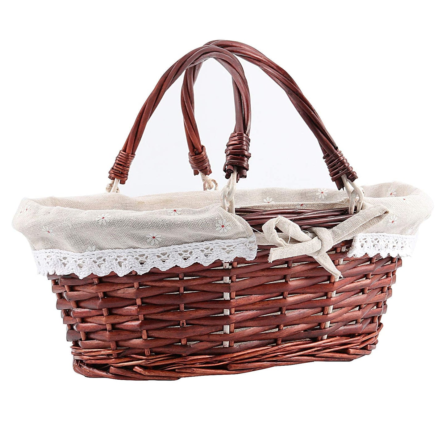ZOENHOU 2 PCS Brown Wicker Woven Basket, Willow Storage Harvest Basket with Handles and Liner for Picnic Fruit Vegetable Picking Egg Candy Gathering Valentines
