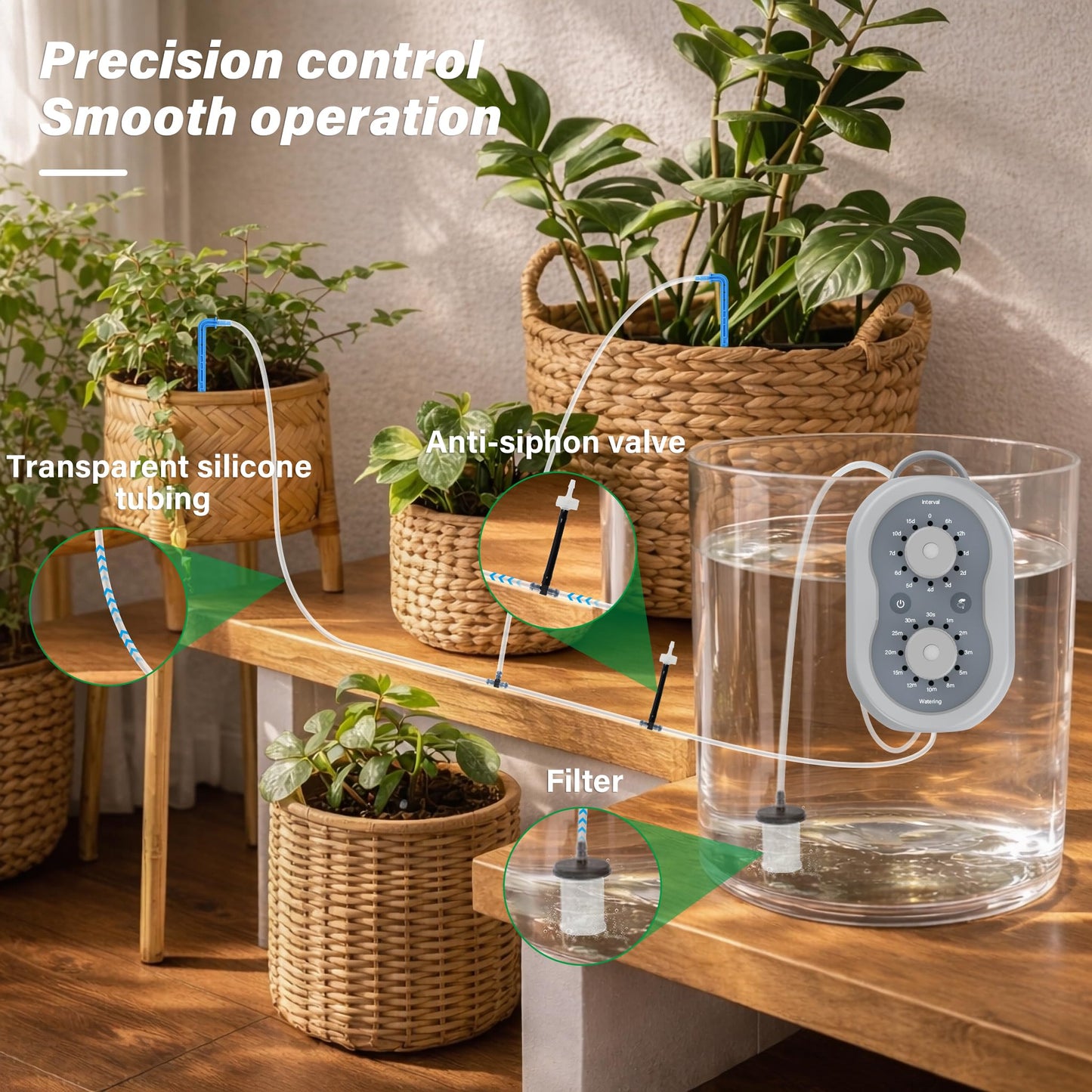 MIXC Automatic Drip Irrigation Kit for Indoor, 33 FT Drip Irrigation System with Programmable Water Timer, Plant Waterer Indoor Self Watering System for 10 Pots Plants with Transparent Silicone Tubing