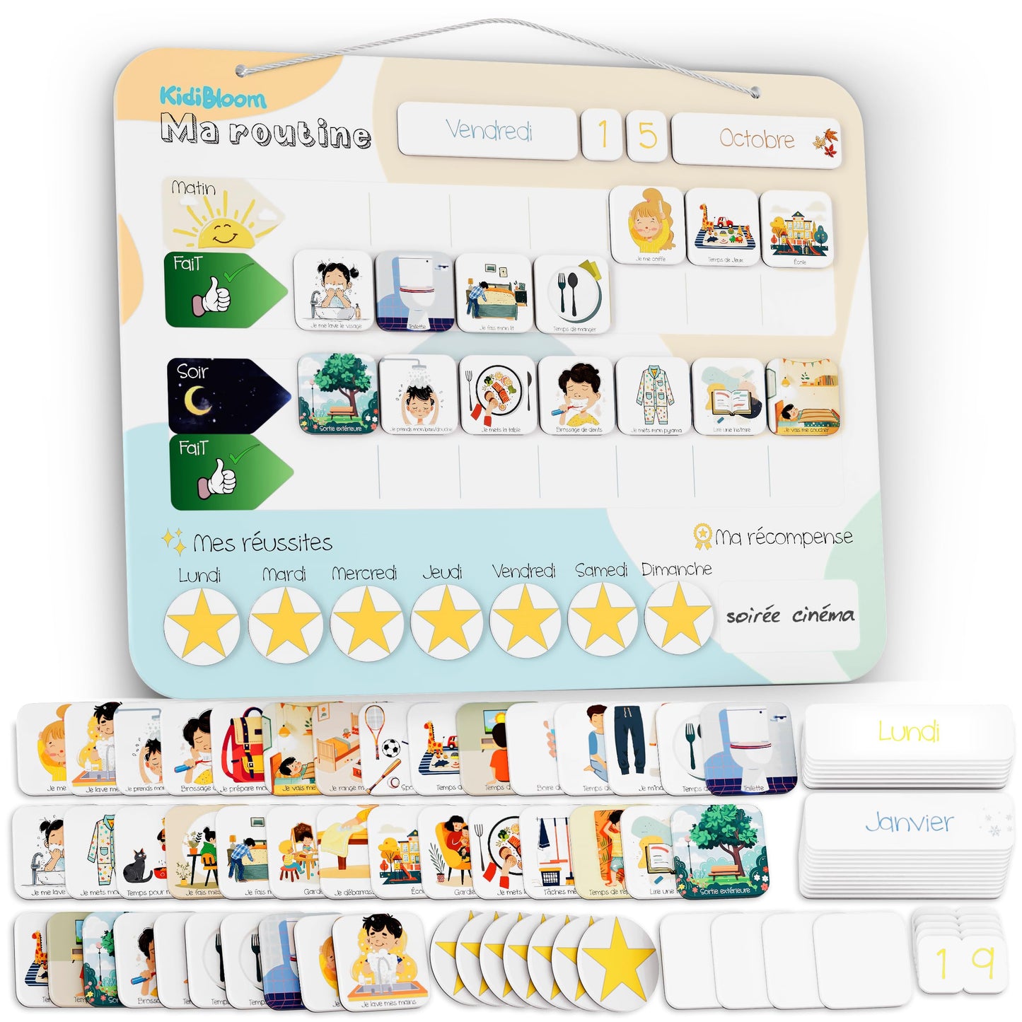 Tableau de Routine Pour Enfant en français - 92 aimants inclus - pictogramme Routine - Chore Chart for Kids - Reward Chart for Kids - ADHD Tools - Responsibility Chart for Kids
