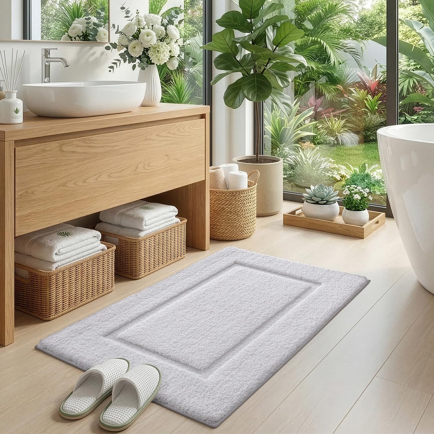 DEXI Bath Mat 20x32, Water Absorbent Microfiber Large Bathroom Rug with Non Slip Backing, Machine Washable Bathmat Shower Carpet for Floor, Tub, White