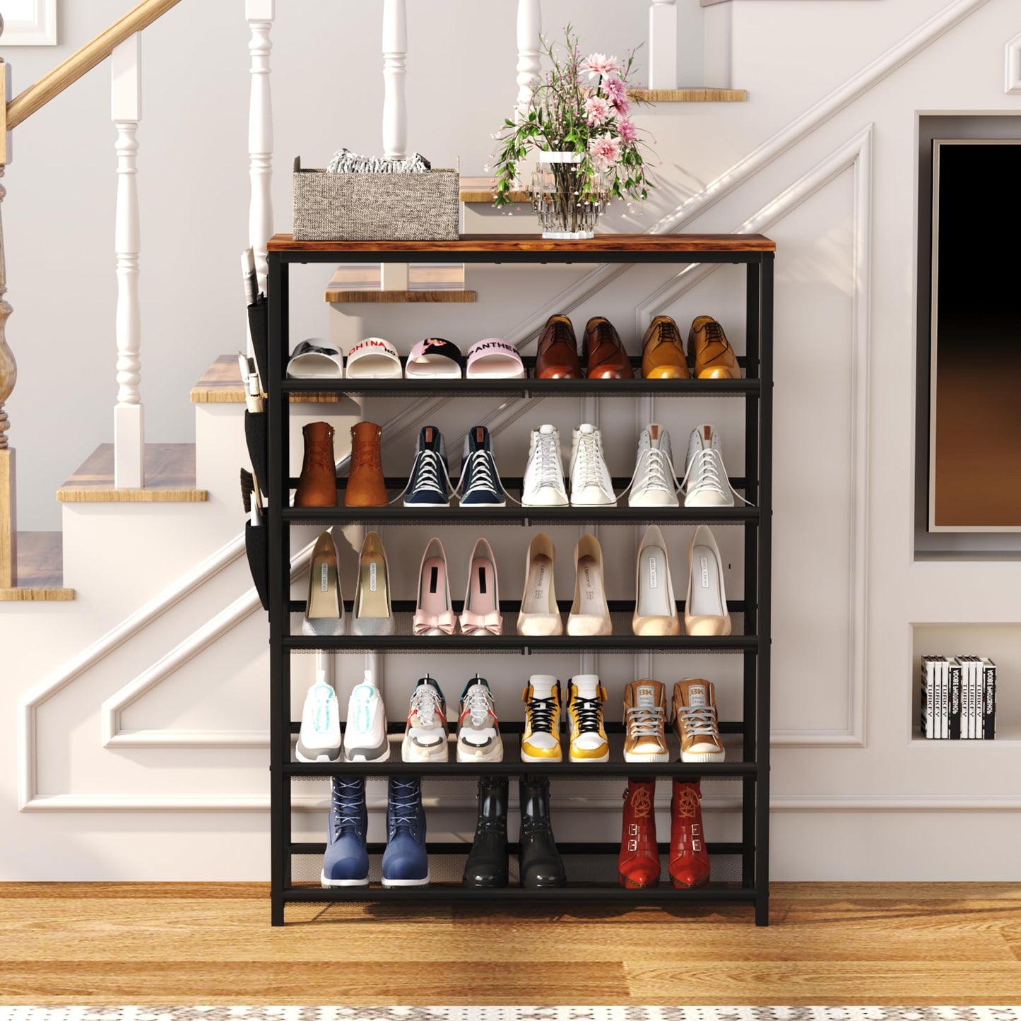 HOMEFORT Shoe Rack for Entryway,30" Metal 6 Tiers Shoe Shelf, Shoe Closet with Adjustable Mesh Shelves, Shoe Storage Organizer for 18-24 Pairs, Industrial Boot Stand with Side Pocket, Rustic Brown