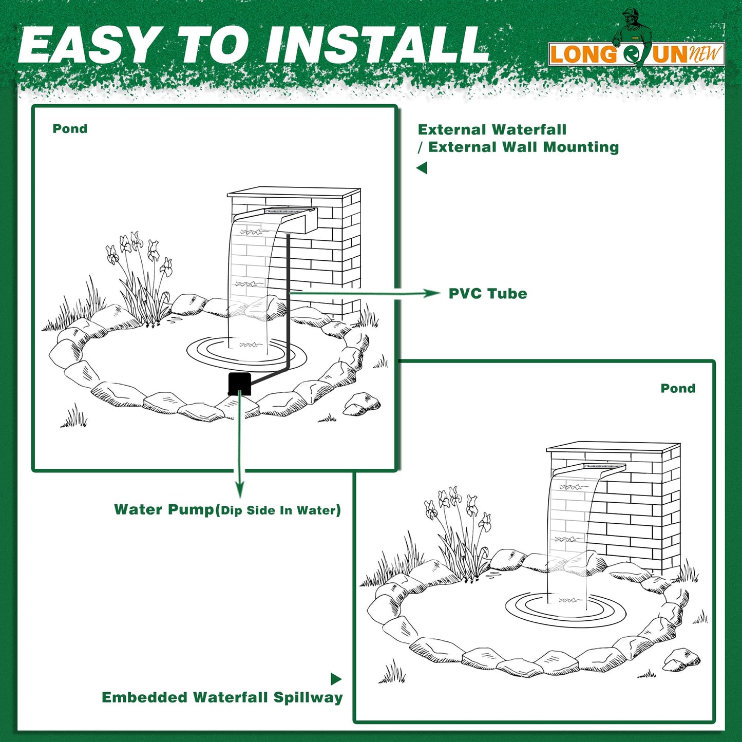 Waterfall Pool Fountain LONGRUNNEW 304 Stainless Steel 11.8" Rectangular Waterfall Spillway, Water Fall Fountain with Pipe Connector for Garden Outdoor, Swimming Pools, Fountains, Pond and Spa