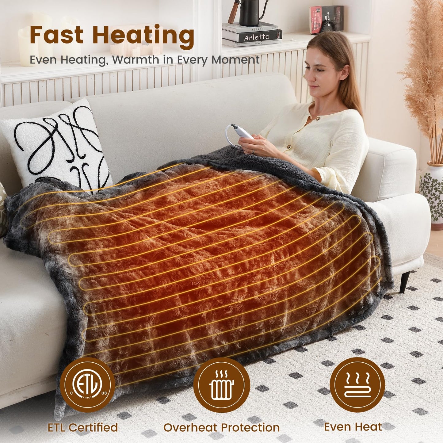 Bearhug Electric Heated Throw Blanket 50" x 60", Reversible Faux Fur & Sherpa, 5-Year Warranty, 6 Heating Levels & 4H Auto Off, Over-Heat Protect, ETL Certification
