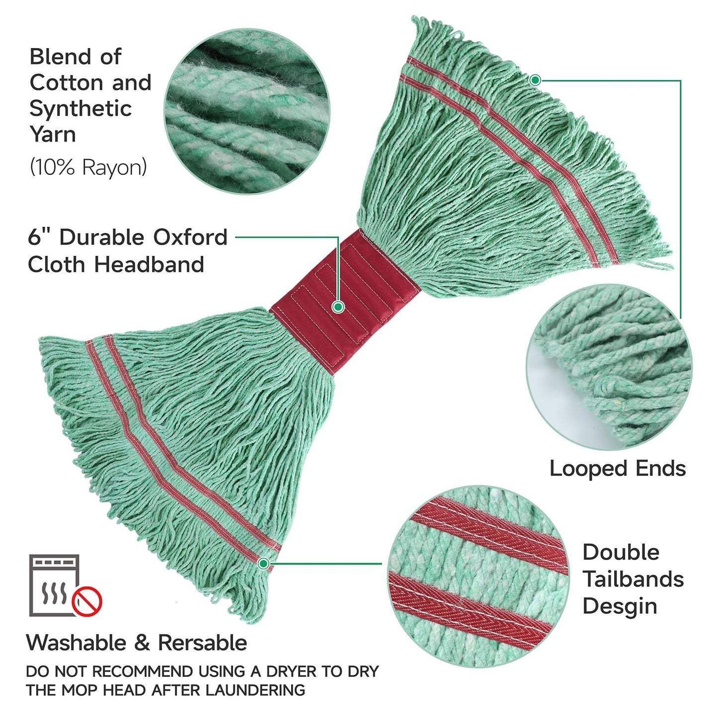 ONESIMUS 30 oz Pack of 3 Cleaning Heavy Duty Industrial Commercial Grade Looped-End Mop Head Replacement,6'' Headband Cotton String Wet Mop Head Refills,Machine Washable Green Mop