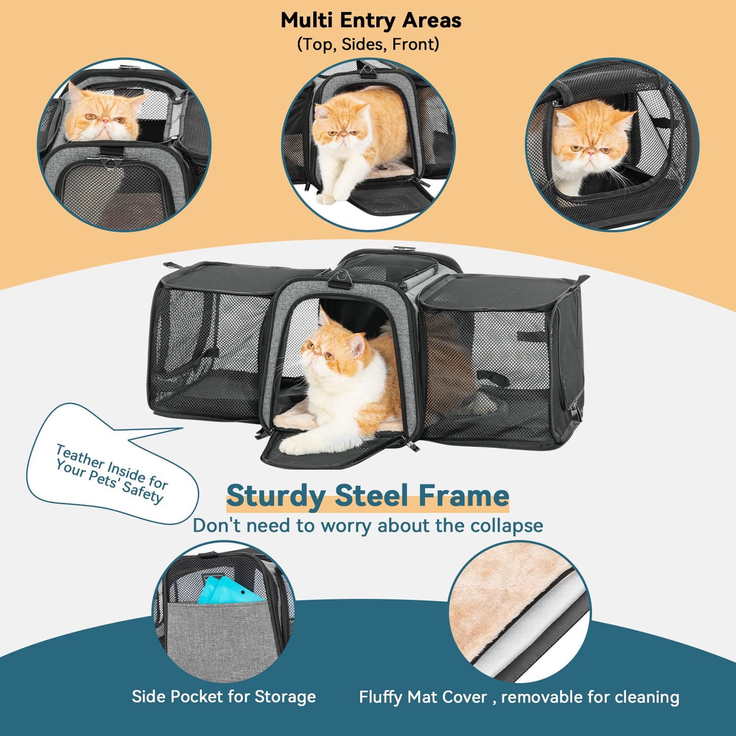 Petsfit Expandable Pet Carrier Airline Approved, Cat Carrier with Locking Zipper and Shoulder Strap, Storage Pockets, Cats, Kittens Puppies or Small Dog up to 15 Pounds,Gray M