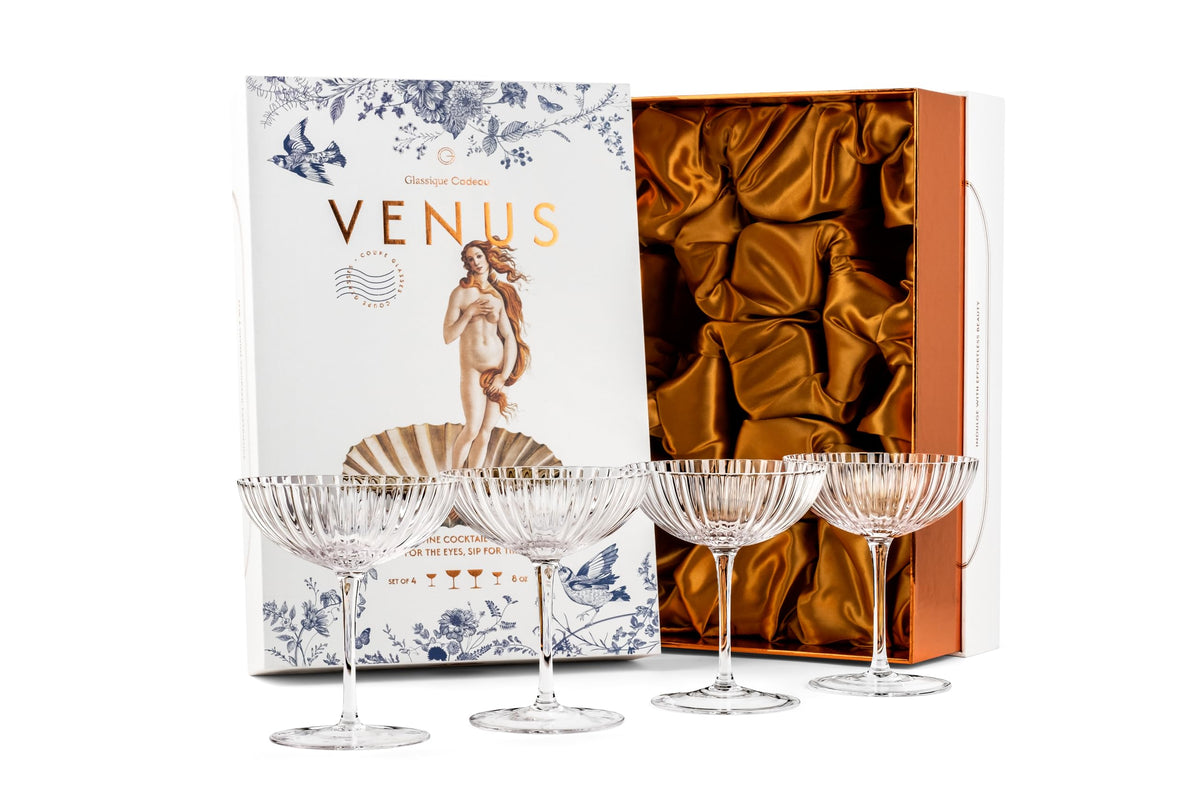 Venus Seashell Coupe Cocktail Glasses | Set of 4 | 8 oz Crystal Ribbed Champagne Saucers for Drinking P-Star and Espresso Martini, Margarita, Daiquiri, Cosmopolitan, Gimlet | Elegant Gift Glassware