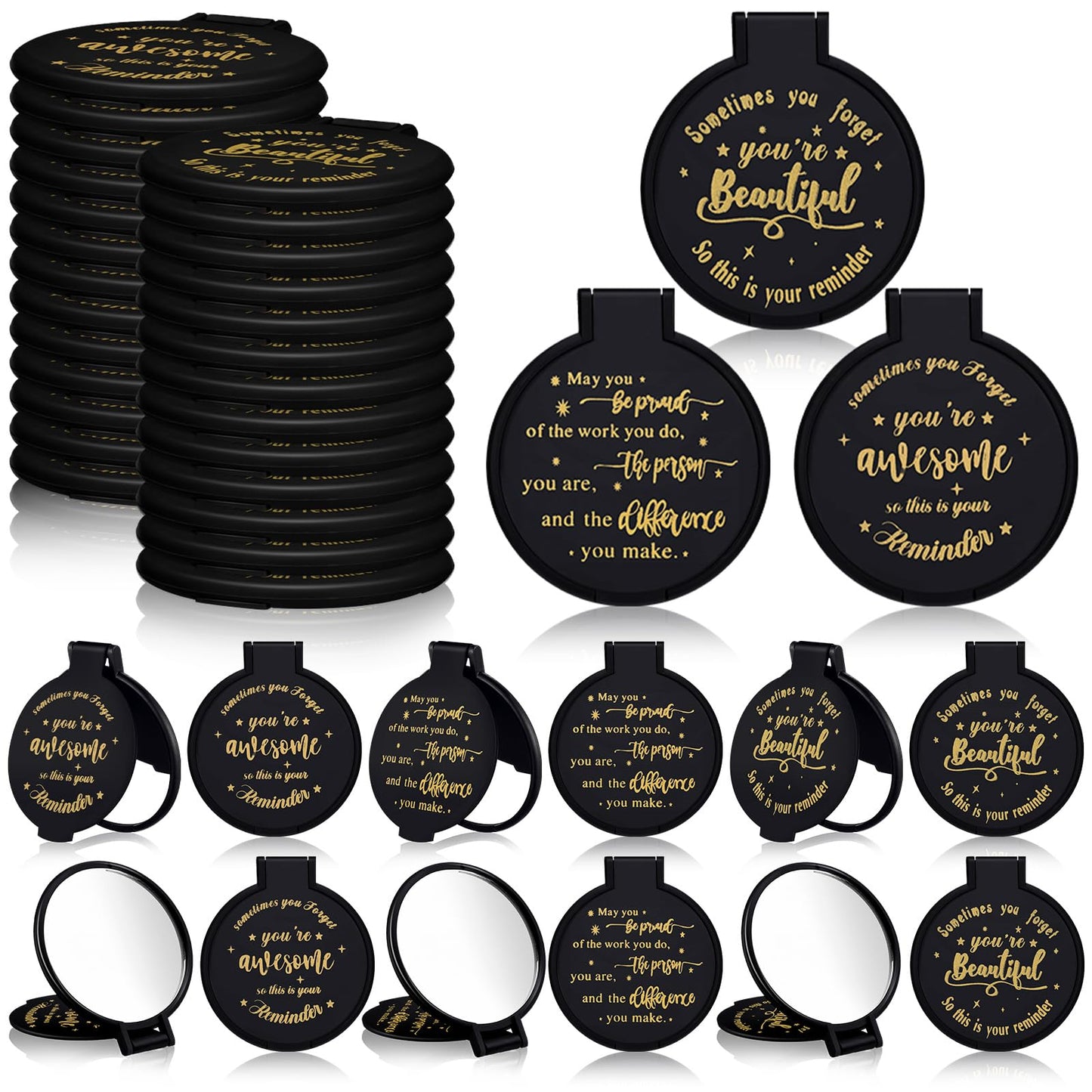 Wenqik 100 Pcs Inspirational Gifts Bulk for Women, Small Pocket Compact Mirrors Bulk with Positive Saying, Motivational Appreciation Gift for Employee Staff Coworker Women's Birthday Party (Black)