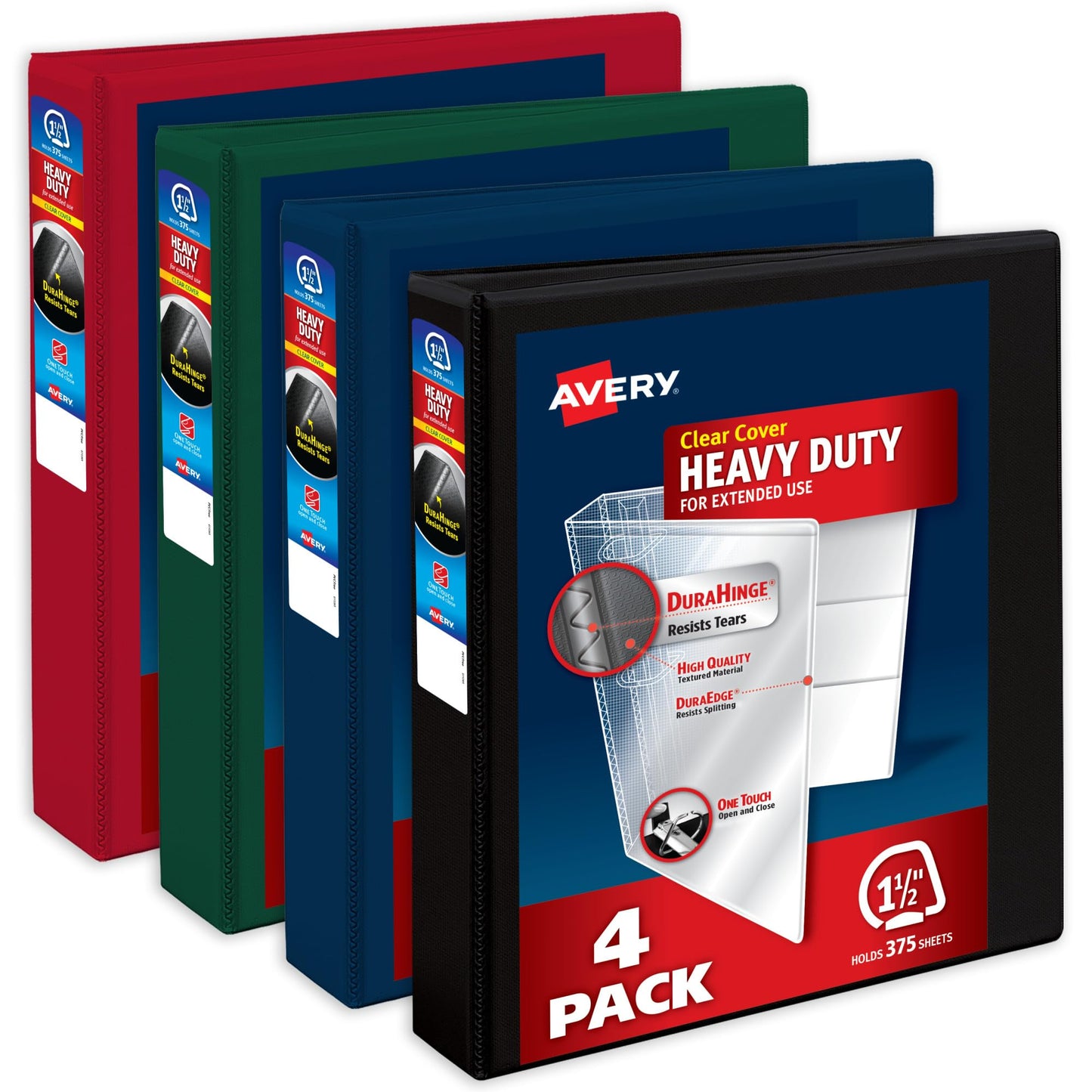 Avery Heavy-Duty View 3 Ring Binders, 1.5 Inch One Touch Slant Rings, 375-Sheet Capacity, DuraHinge, 2.1 Inch Wide Spine, Customizable Clear Cover and Spine, Dark Colors (4-Pack of 79635)