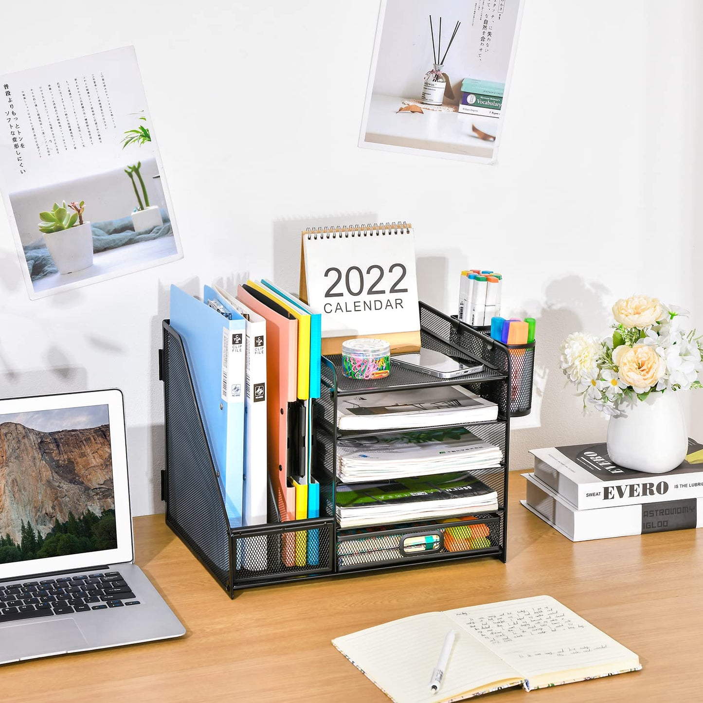 Marbrasse Desk Organizer with File Holder, 5 Tier Paper Letter Tray with Drawer and 2 Pen Holders, Document Organizer with Magazine Holder for School, Home, Office Supplies (Black)