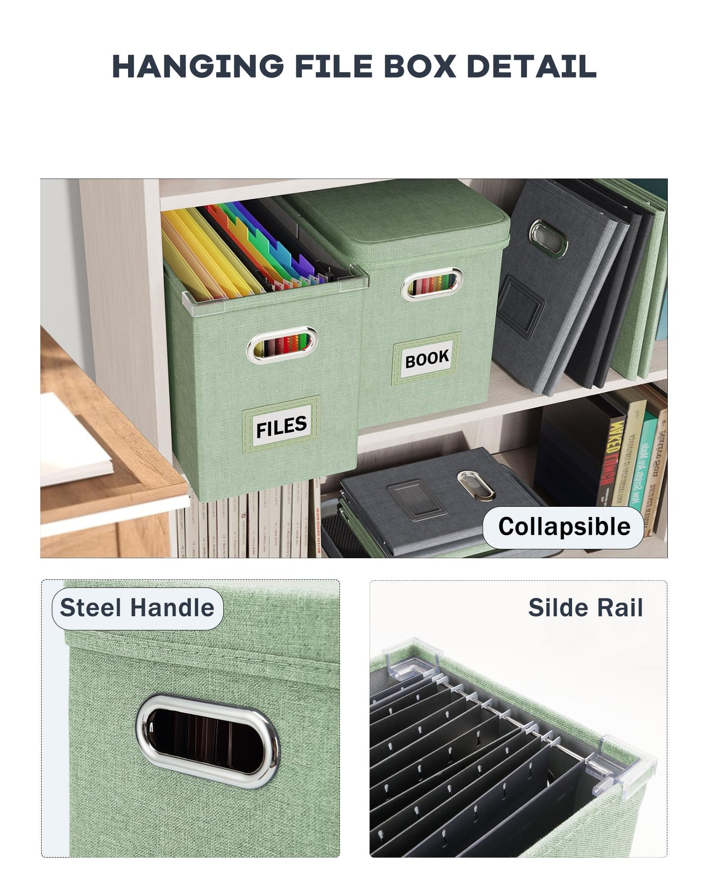 Oterri File Boxes with Lids, File Organizer Box for Letter Size Files Storage, Portable Filing Box with Handle and Mesh Bags, Hanging File Folder Box for Office/Home/School(2 Pcs, Green)
