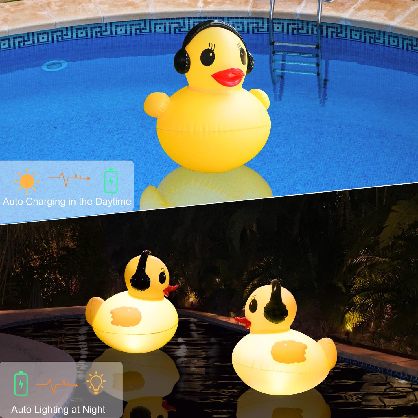 Floating Solar Lights, 16 inch Waterproof LED Pool Accessories, Glow Duck Inflatable Solar Powered Lights That Float for Pond,Hot tub,Party-2pcs