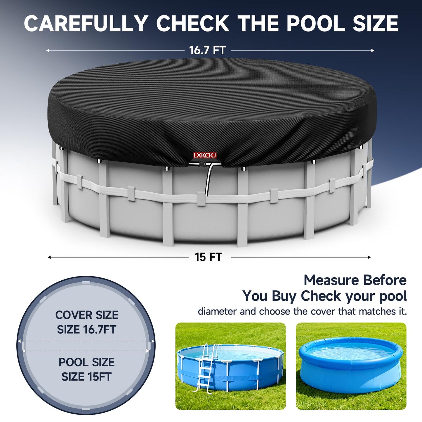 LXKCKJ 15 Ft Round Pool Covers for Above Ground Pools,Upgrade Solar Pool Cover Protector with Pool Accessories Increase Stability, Hot Tub Stock Tank Cover Ideal for Waterproof and Dustproof (Black)