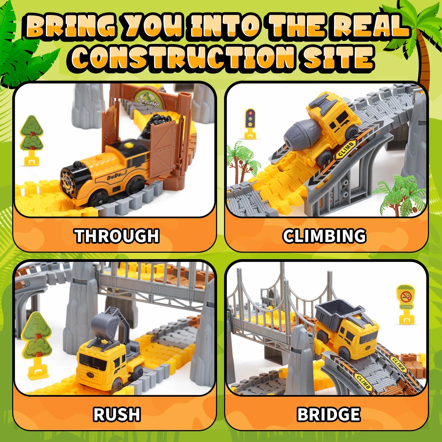 Construction Toys Race Track Set 178 PCS for Kids, Flexible Train Tracks with 1 Electric Train, Excavator,Cement Truck,Loading Truck Engineering Vehicle Playset,Gifts for 3 4 5 6 Year Old Boys Girls