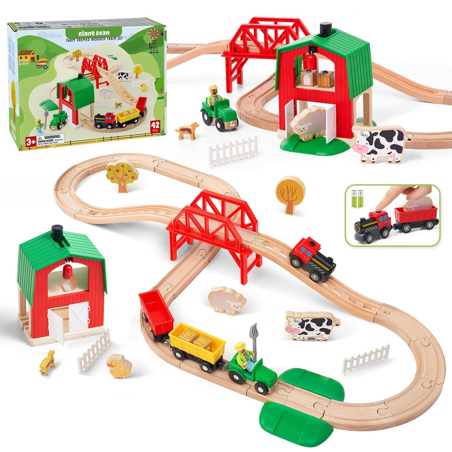 Wooden Farm Train Set for Toddlers, Battery Operated Train Railway Track Set with Bridge, Barn, Animals, Tractor Cargo Trains, Compatible with Most Brand, Toy Gift for Kids Boys Girls Age 3-8