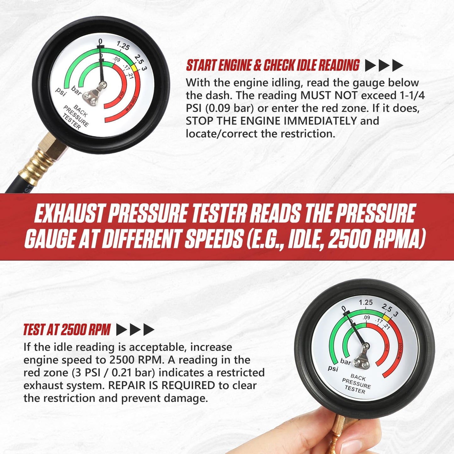 Exhaust Back Pressure Tester Kit，Professional Automotive Exhaust Back Pressure Gauge Set with 5-Foot Hose