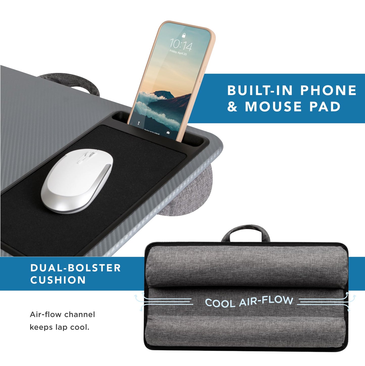 LapGear Home Office Lap Desk with Device Ledge, Mouse Pad, and Phone Holder - Silver Carbon - Fits Up to 15.6 Inch Laptops - Style No. 91585