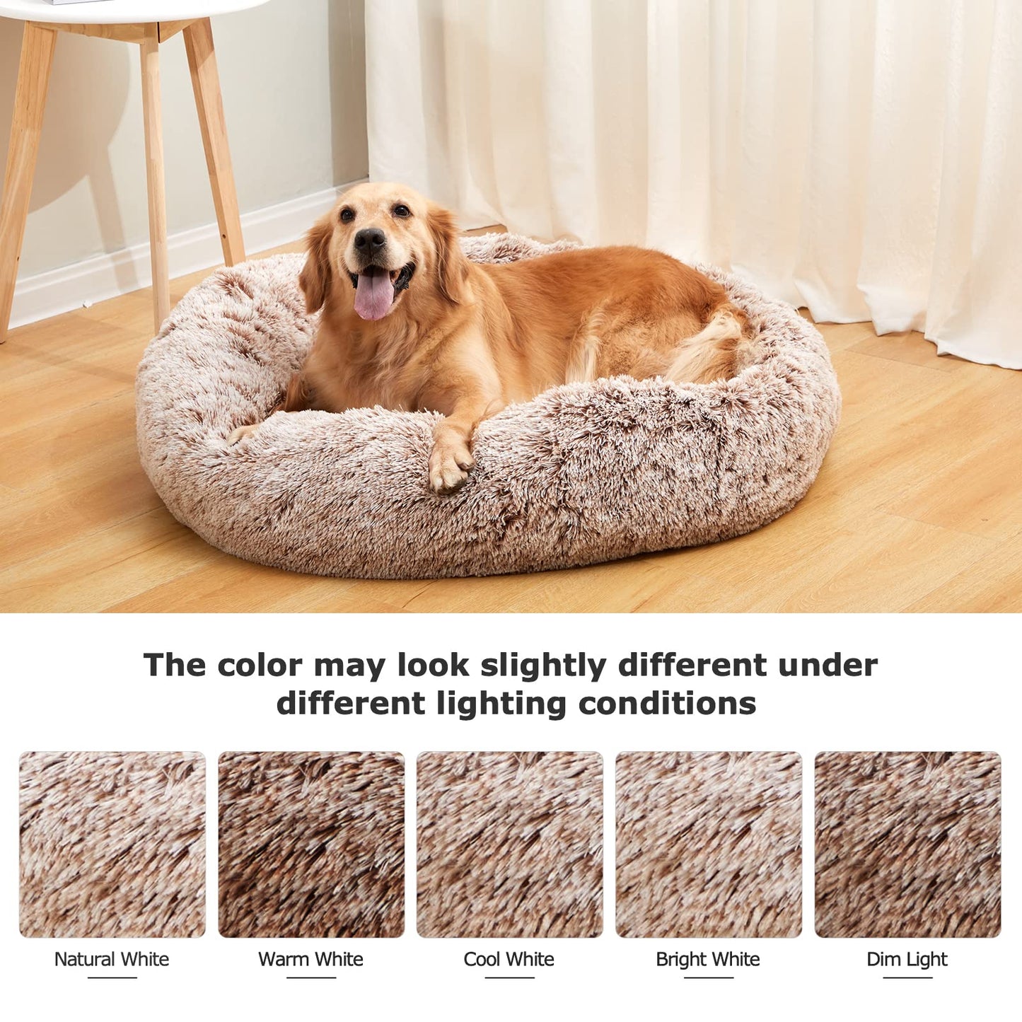 Bedfolks Calming Donut Dog Bed, 30 Inches Round Fluffy Dog Beds for Midium Dogs, Anti-Anxiety Plush Dog Bed, Washable Pet Bed with Non-Slip Bottom (Brown, Medium)