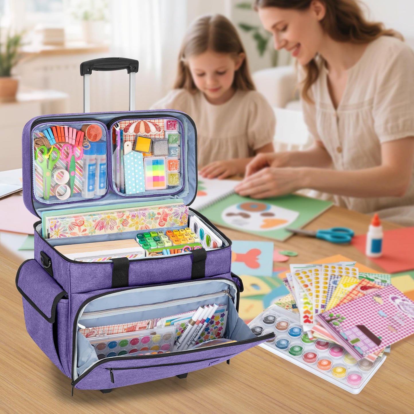 Teamoy Rolling Scrapbook Tote with Detachable Wheels, Rolling Craft Bag with Bottom Wooden Pad, Scrapbook Storage Bag for Women, Purple