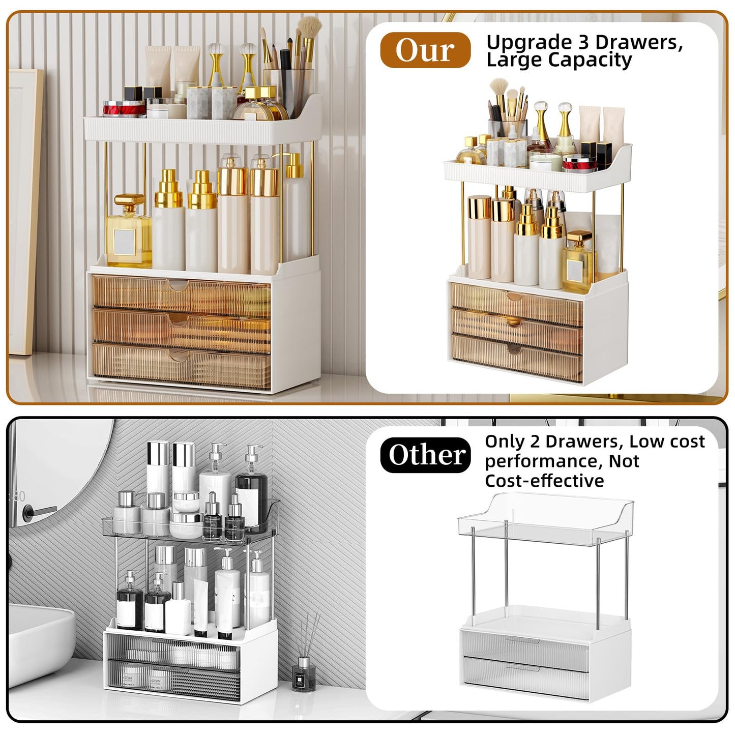 StorBin 3 Large Drawers Makeup Organizer - 5 Tier Bathroom Counter Organizers and Storage, Versatile Perfume Vanity Organizer, Ideal for Cosmetic, Large Skincare, Face Mask, Office Supplies, Amber