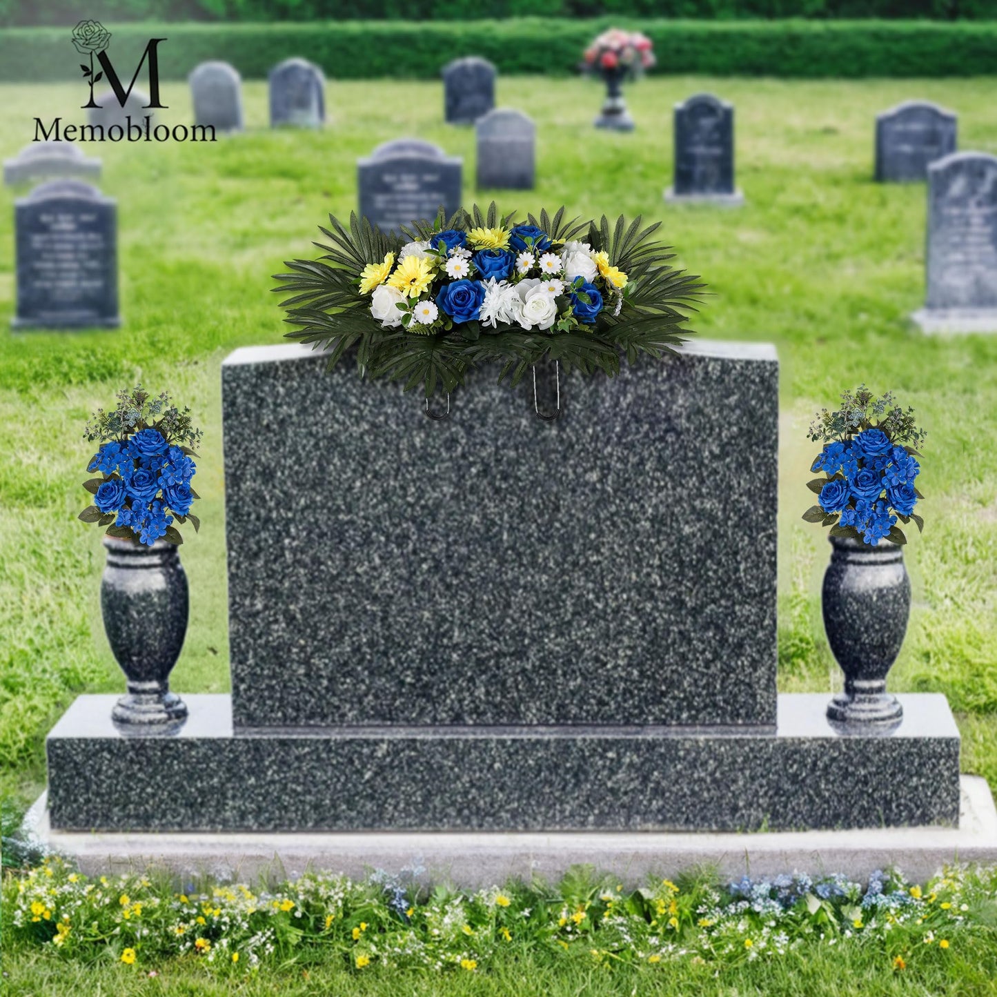 Memobloom Headstone Flower Saddle for Grave - Artificial Memorial Day Cemetery Flowers Silk Funeral Sympathy Floral Arrangements for Outdoor Gravestone Decorations(Yellow White Royal Blue)