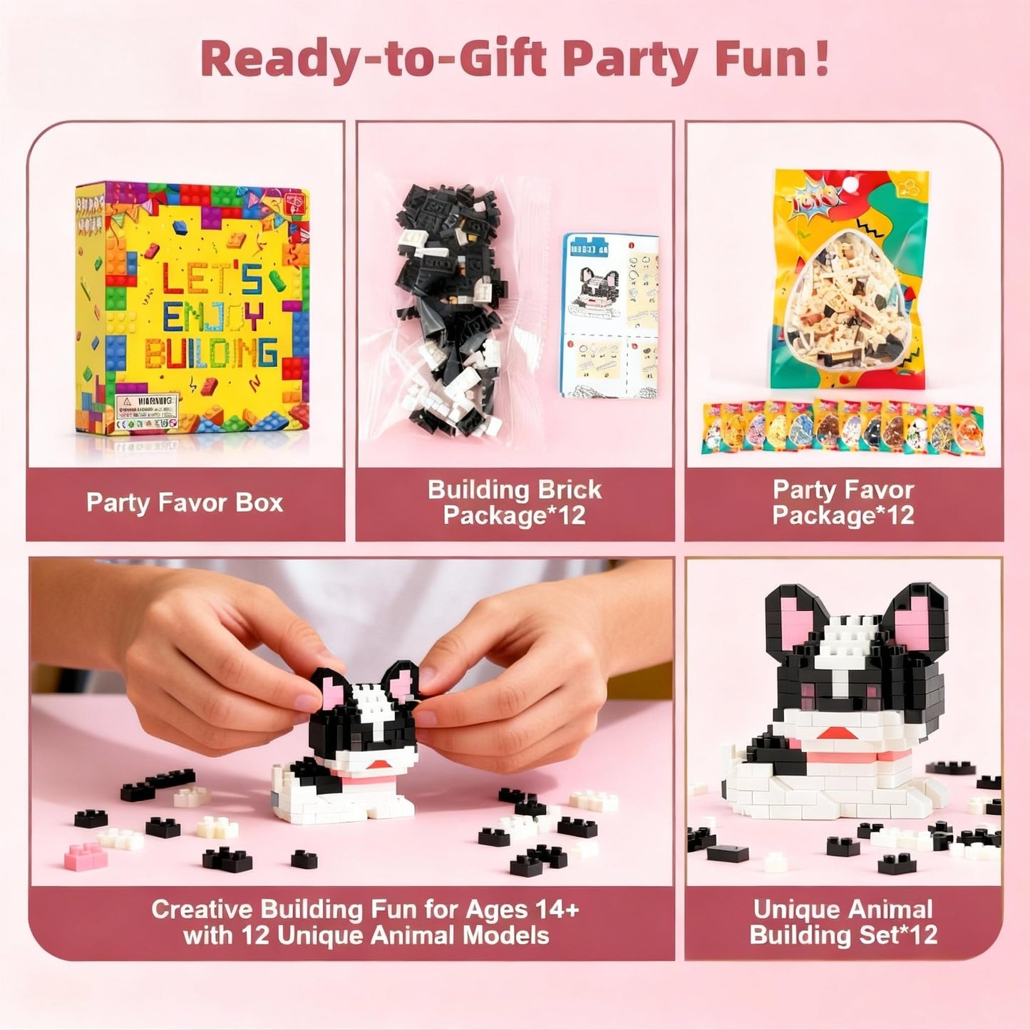 IBLOTIME Party Favors Micro Animal Building Sets Easter 12 Mini Cat Dog Figures 2189 PCS Micro Bricks Creative Building Kit Display Gift Christmas Birthday Ages 14+